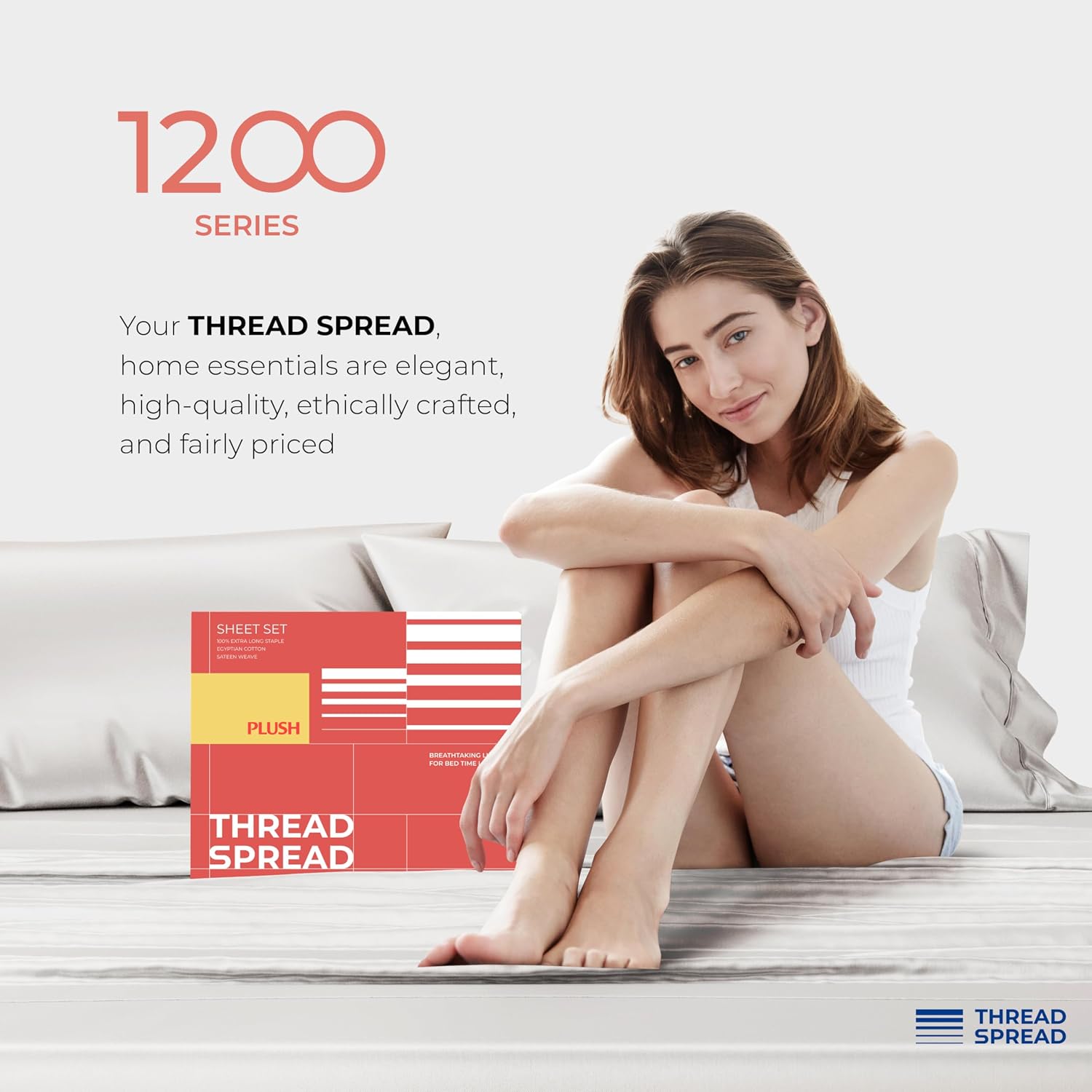 THREAD SPREAD 100% Egyptian Cotton Queen Sheets Set - 1200 Series Plush Collection Luxury Egyptian Cotton Sheets Queen Size Deep Pocket (4 PC, Light Grey), Soft, Cooling, Sateen Weave Sheet Set