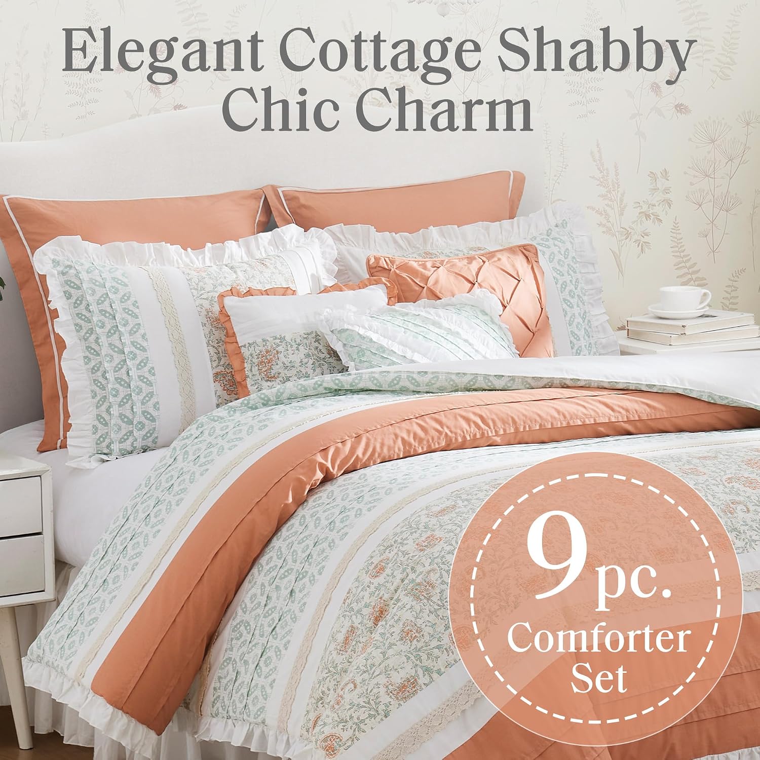 Madison Park Dawn 100% Cotton Shabby Chic Comforter Set-Modern Cottage Design All Season Down Alternative Bedding, Matching Shams, Bedskirt, Decorative Pillows, Cal King(104'x92'), Coral 9 Piece