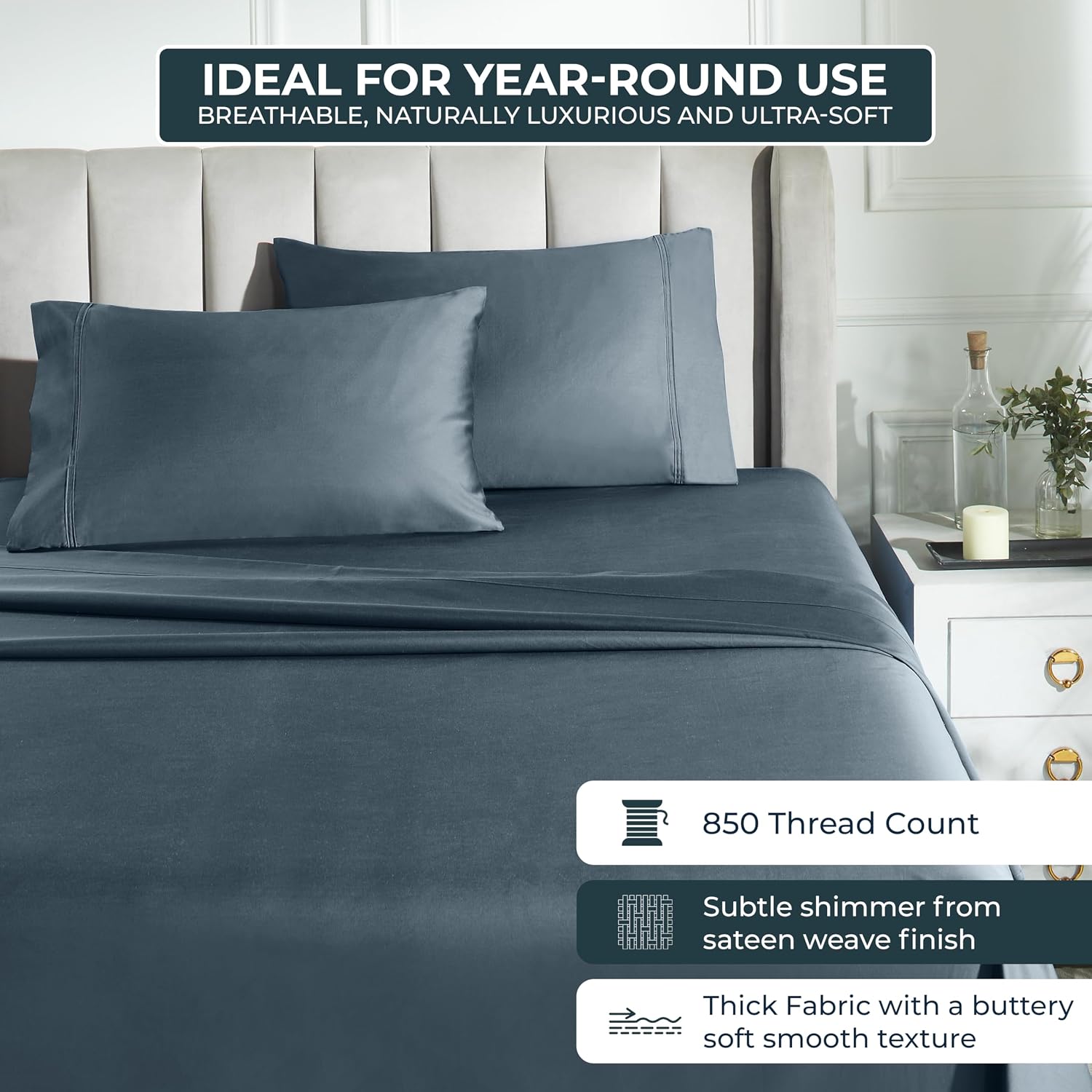 Superior Egyptian Cotton 850 Thread Count Bed Sheet Set, 1 Elastic Deep Pocket Fitted Sheet, 1 Flat Sheet, 2 Pillowcases, Daily Soft Sheets, Luxury, Plush, Hotel, Home Collection, Full, Dark Blue