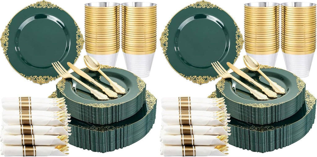 Nervure 175PCS Green Plastic Plates - Disposable Green Gold Party Plates & Pre Rolled Napkins with Cutlery for 25 Guests, 50Plates, 75Silverware, 25Cups, 25Napkin for Wedding & Party (Pack of 2)