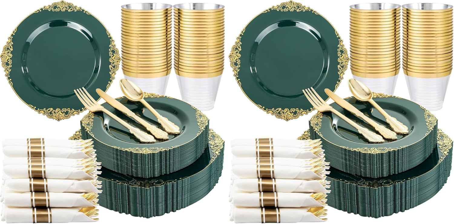 Nervure 175PCS Green Plastic Plates - Disposable Green Gold Party Plates & Pre Rolled Napkins with Cutlery for 25 Guests, 50Plates, 75Silverware, 25Cups, 25Napkin for Wedding & Party (Pack of 2)