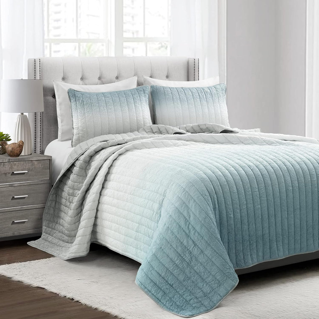 Lush Decor Crinkle Ombre Quilt King Size 3 Piece Set Blue & Gray - Ombre Bedding Set King Quilt - Blue Quilts - Modern Bedroom Decor