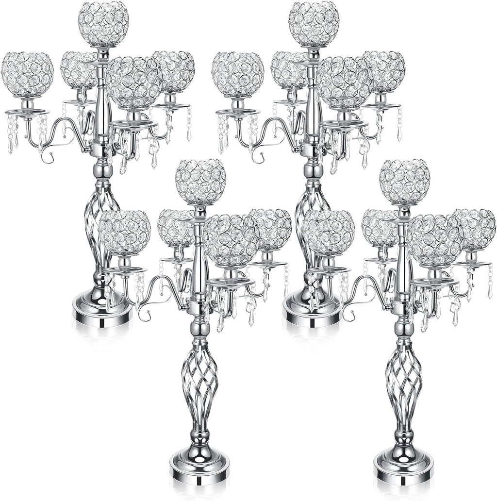 Nitial 4 Pcs 5 Arm Crystal Candelabra Centerpieces for Table 27 Inch Retro Victorian Crystal Candle Holders Bowl Table Centerpieces Decor for Wedding Banquet Valentine Dinner Party Event (Silver)