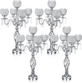 Nitial 4 Pcs 5 Arm Crystal Candelabra Centerpieces for Table 27 Inch Retro Victorian Crystal Candle Holders Bowl Table Centerpieces Decor for Wedding Banquet Valentine Dinner Party Event (Silver)