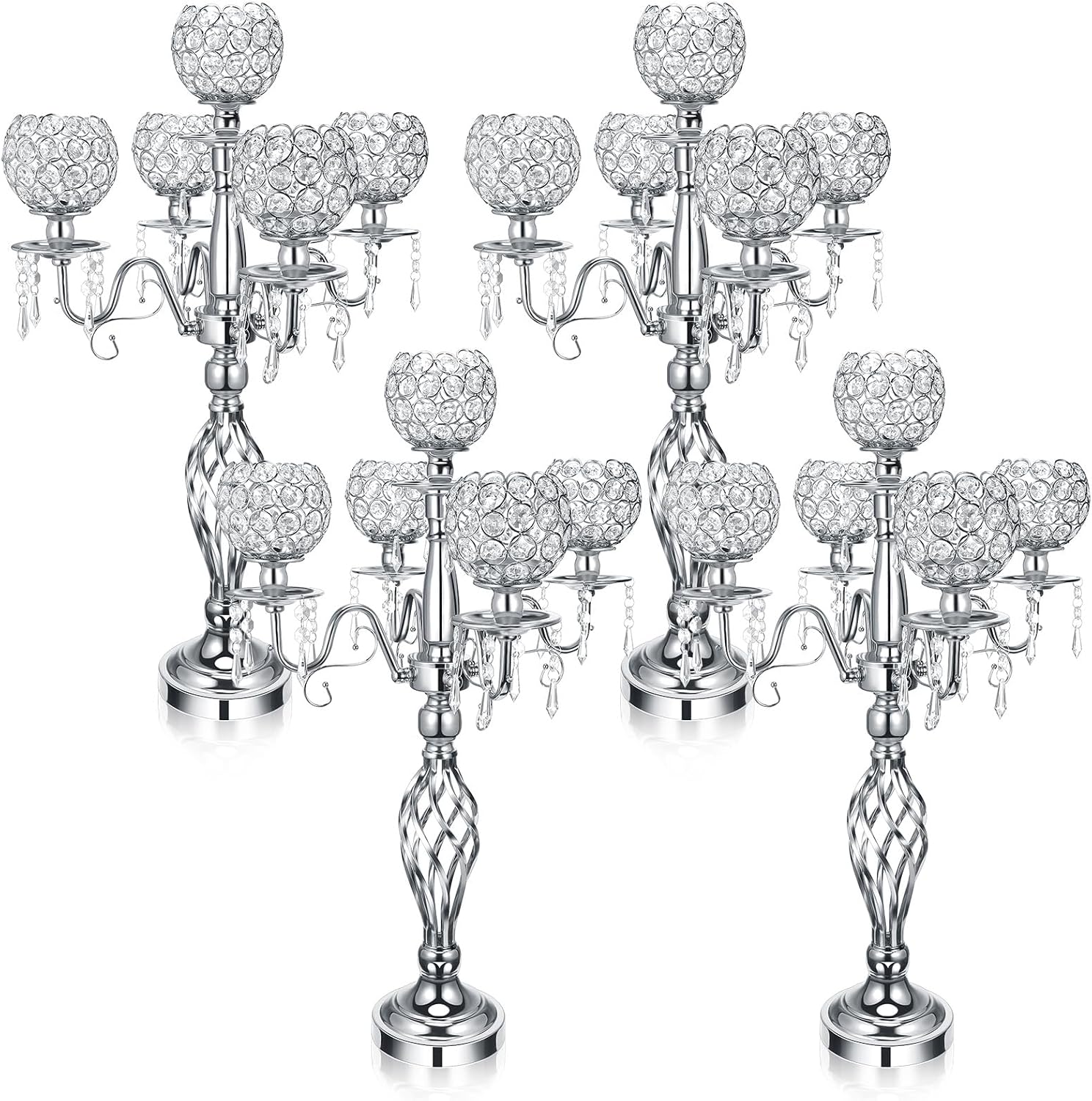 Nitial 4 Pcs 5 Arm Crystal Candelabra Centerpieces for Table 27 Inch Retro Victorian Crystal Candle Holders Bowl Table Centerpieces Decor for Wedding Banquet Valentine Dinner Party Event (Silver)