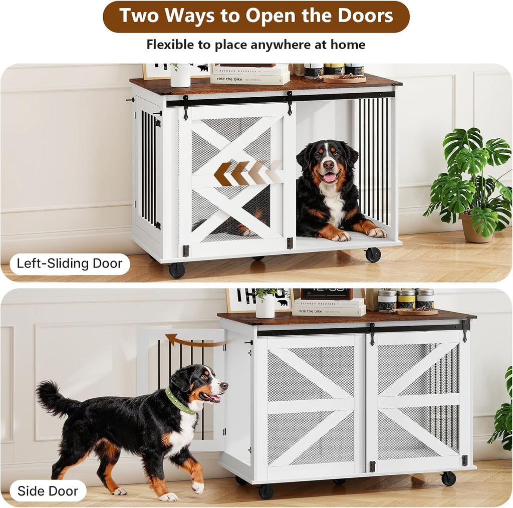 Yafylly 48 Inch XL Dog Crate, Wood XXL Dog Crate Furniture with Wheels, Flip-Top Feeding Door, Removable Divider, Farmhouse End Table Dog Crate with Sliding Barn Door, White