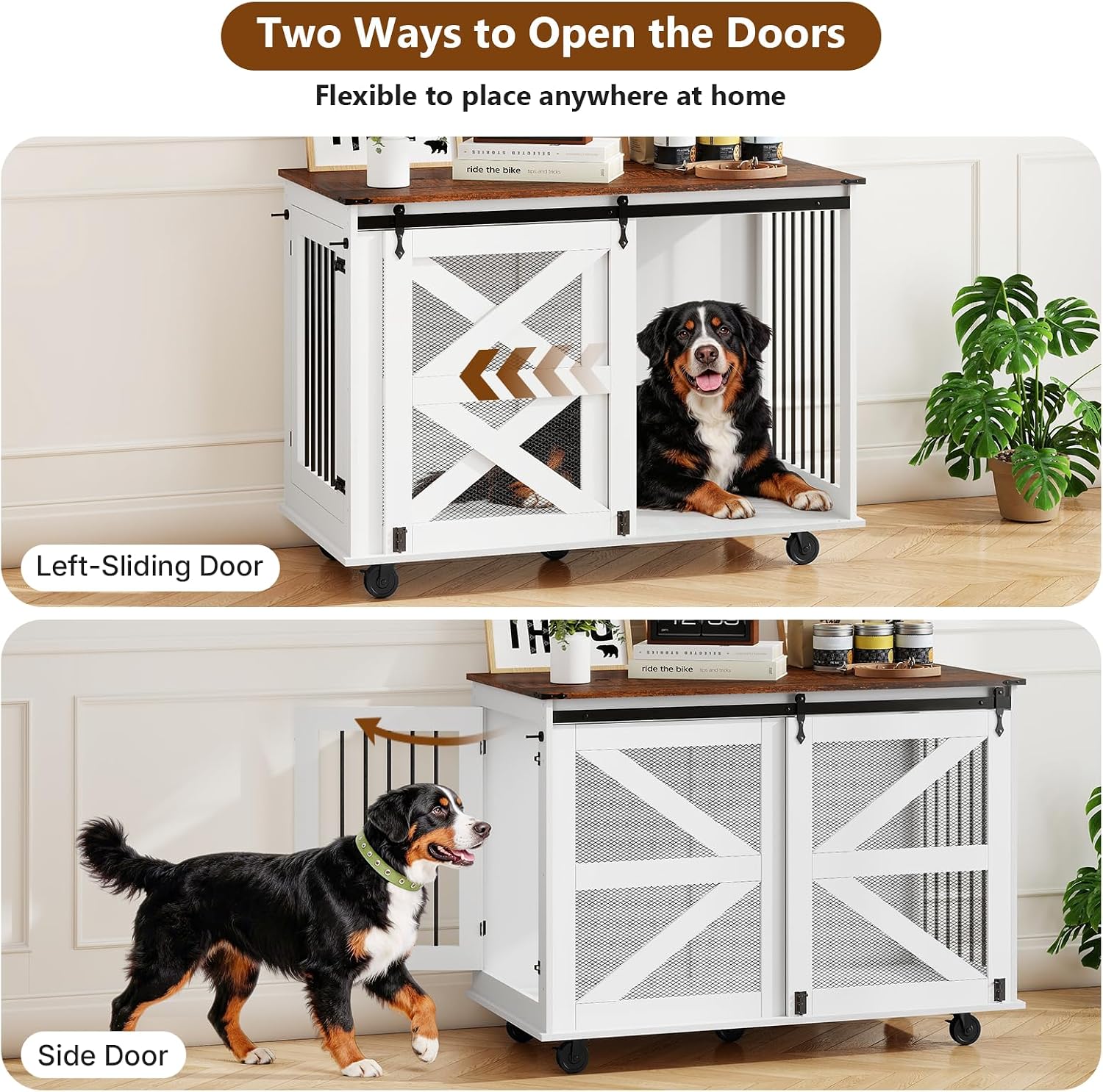 Yafylly 48 Inch XL Dog Crate, Wood XXL Dog Crate Furniture with Wheels, Flip-Top Feeding Door, Removable Divider, Farmhouse End Table Dog Crate with Sliding Barn Door, White