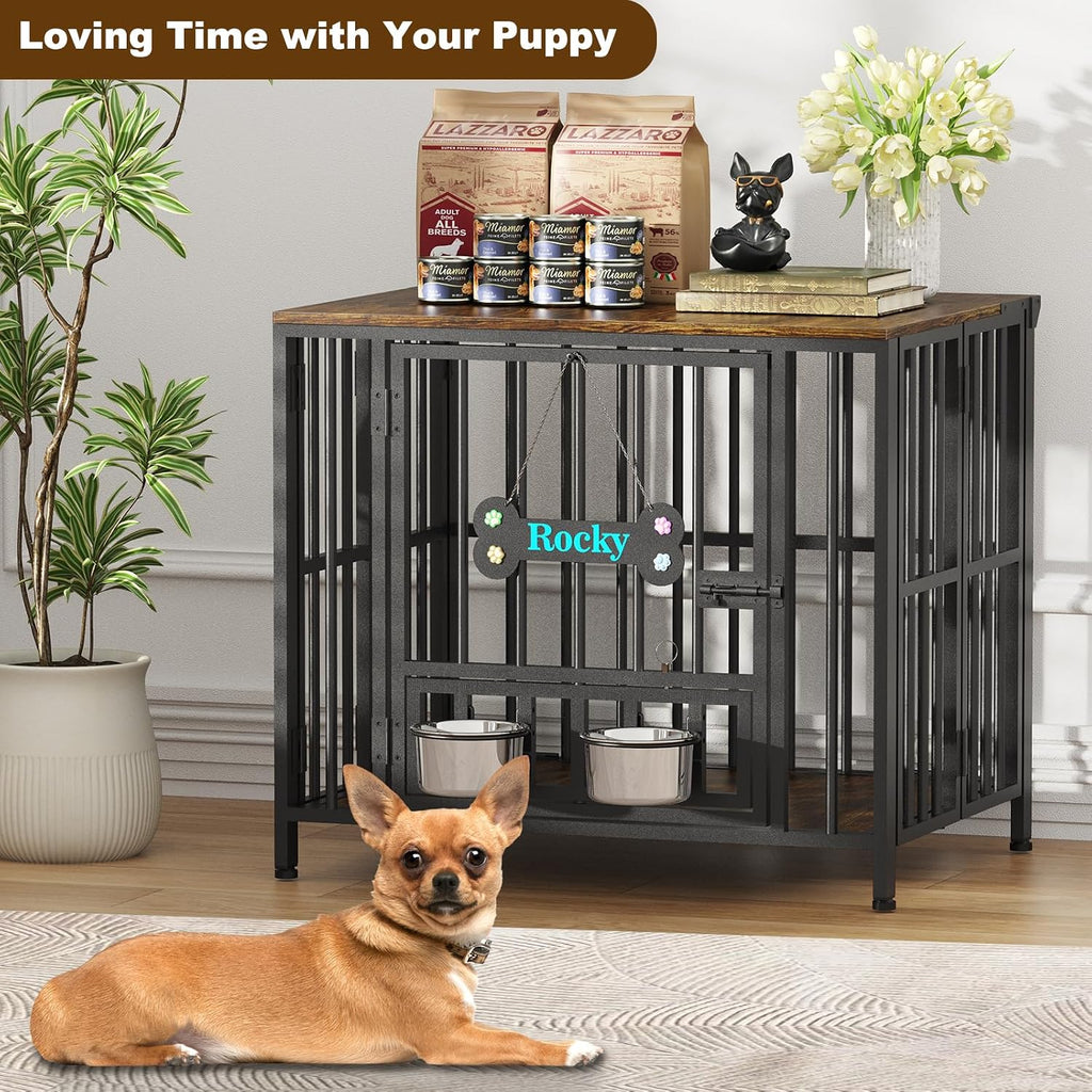 Easycom 27' Dog Crate Furniture Foldable, No Assembly Decorative Dog Kennel Indoor, Dog Crates for Small Dogs (Under 20 lb), Wooden Dog Cage with Adjustable Bowls and Name Tag, End Table, Rustic Brown