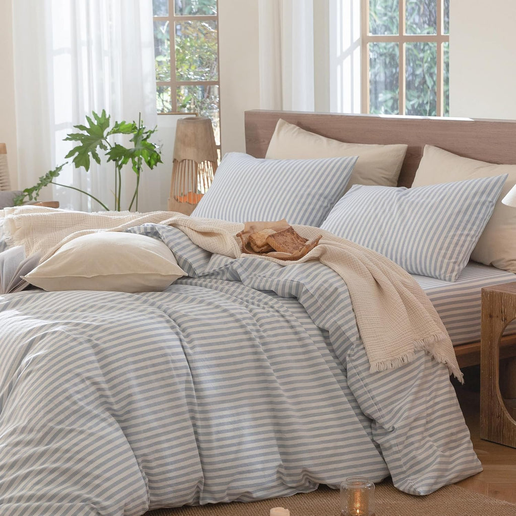 MooMee Striped Duvet Cover Set 100% Washed Cotton Linen Like Textured Breathable Durable Soft Comfy (Cornflower Blue White Classic Stripes, Palatial King/Oversized King 120'x98')