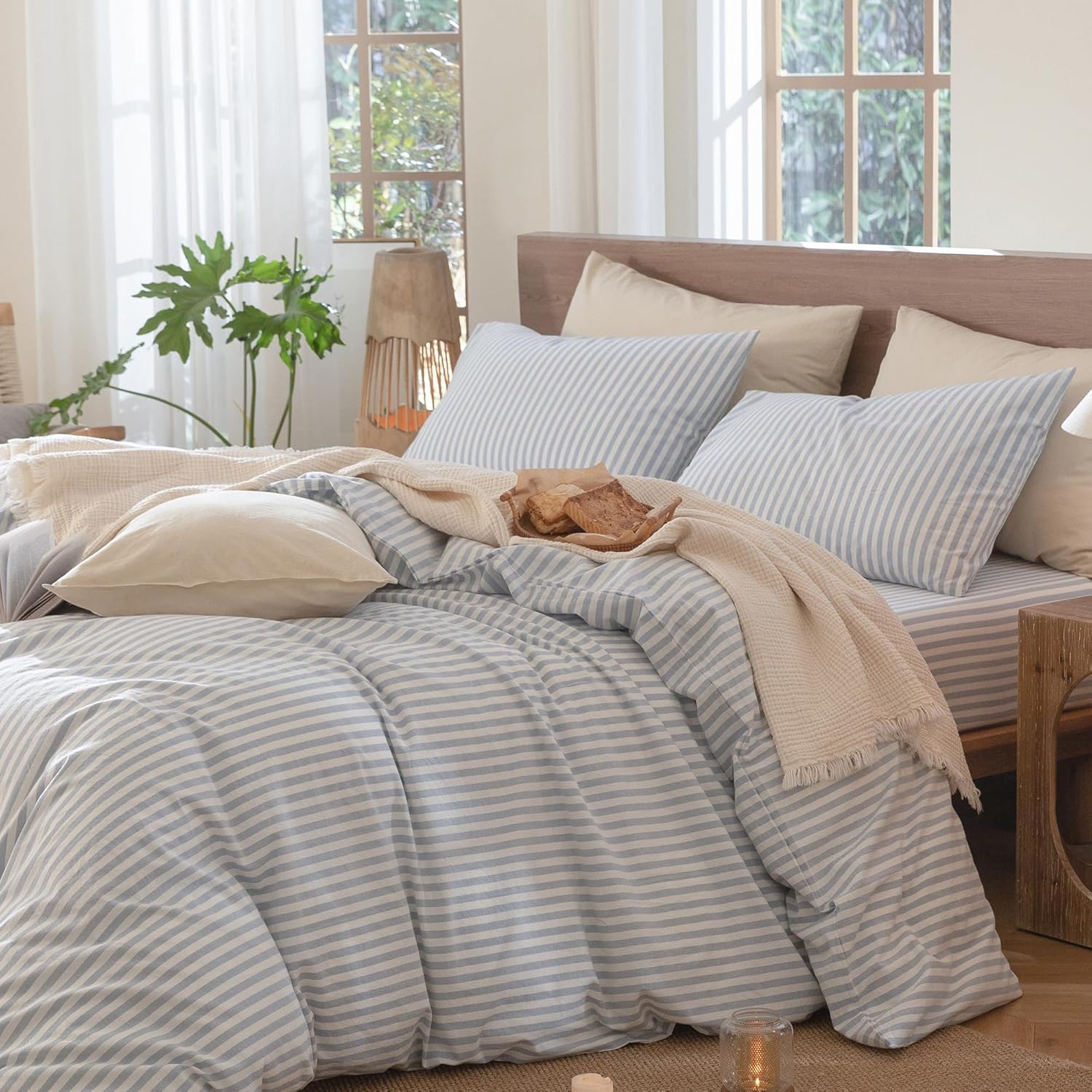 MooMee Striped Duvet Cover Set 100% Washed Cotton Linen Like Textured Breathable Durable Soft Comfy (Cornflower Blue White Classic Stripes, Palatial King/Oversized King 120'x98')
