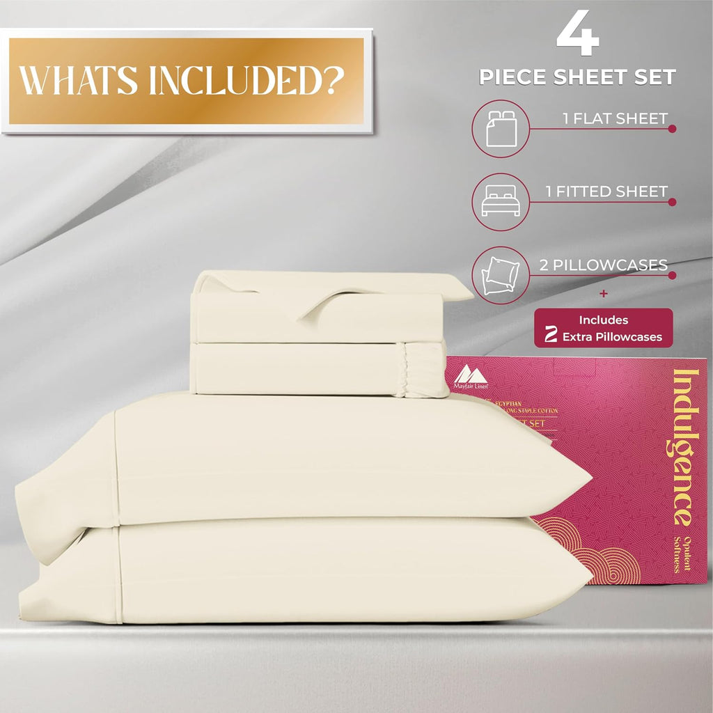 Mayfair Linen 100% Egyptian Cotton Full Size Bed Sheets - Luxury 1200 Series Egyptian Cotton Sheets Full Size Bed Set (4 PC, Ivory), Silky Soft, Cooling & Breathable, 17' Deep Pocket Sateen Bedding