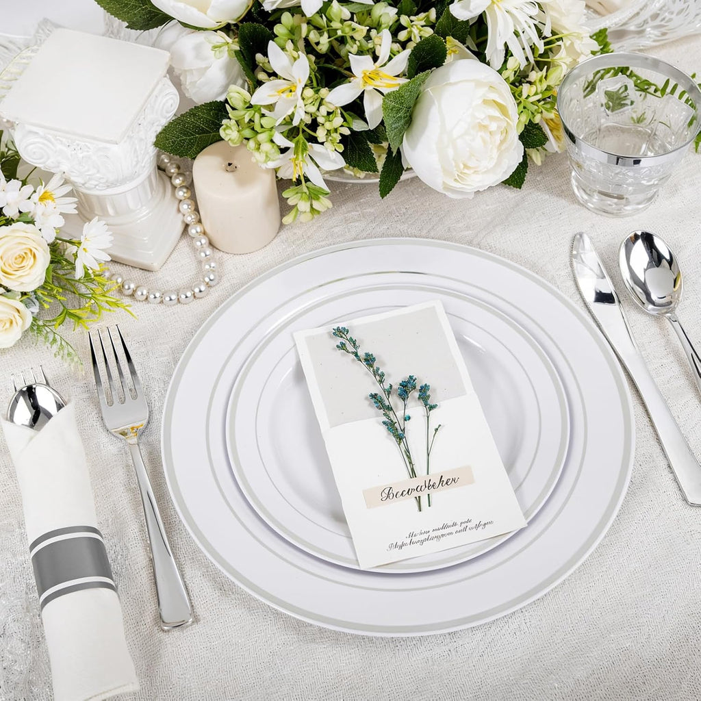 WELLIFE 700 Pcs Silver Plastic Plates for 100 Guests -Party Supplies Includes 200 Silver Plates,300 Plastic Silverware,100 Napkins,100 Cups for Party and Wedding