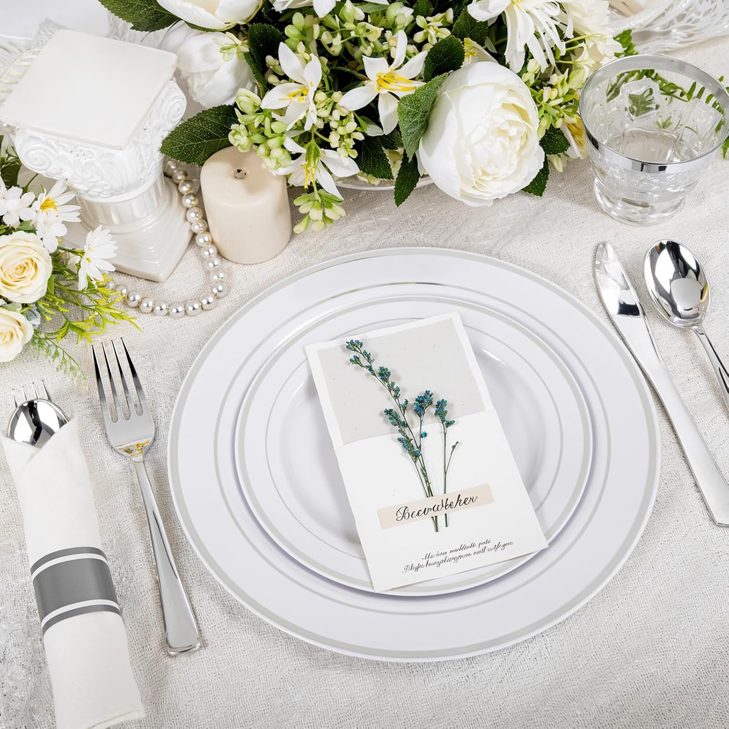 WELLIFE 700 Pcs Silver Plastic Plates for 100 Guests -Party Supplies Includes 200 Silver Plates,300 Plastic Silverware,100 Napkins,100 Cups for Party and Wedding