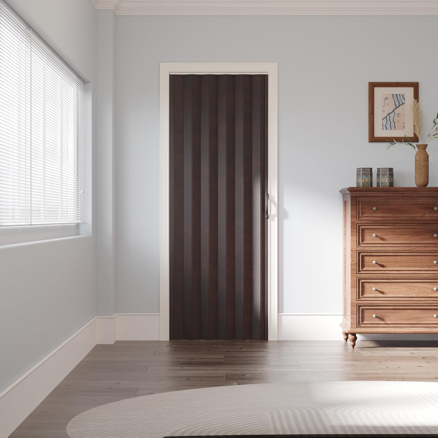 60' x 80' Accordion Door Interior, Walnut PVC Powerful Magnetic Folding Door and Hardware Kit Included, Multifold Bifold Closet Doors for Closet Bathroom Doorway 49-60' x 80'