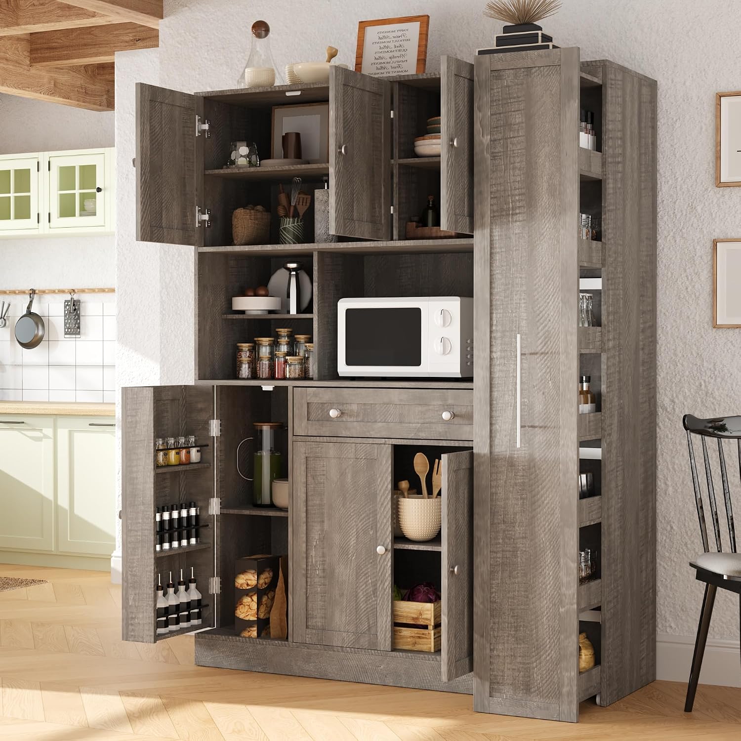 Modern 70inch Kitchen Pantry Storage Cabinet Cupboard with Hutch, Freestanding Buffet with Pull-Out Side Cabinet and Drawer for Living Room, Kitchen (Brown-99a)