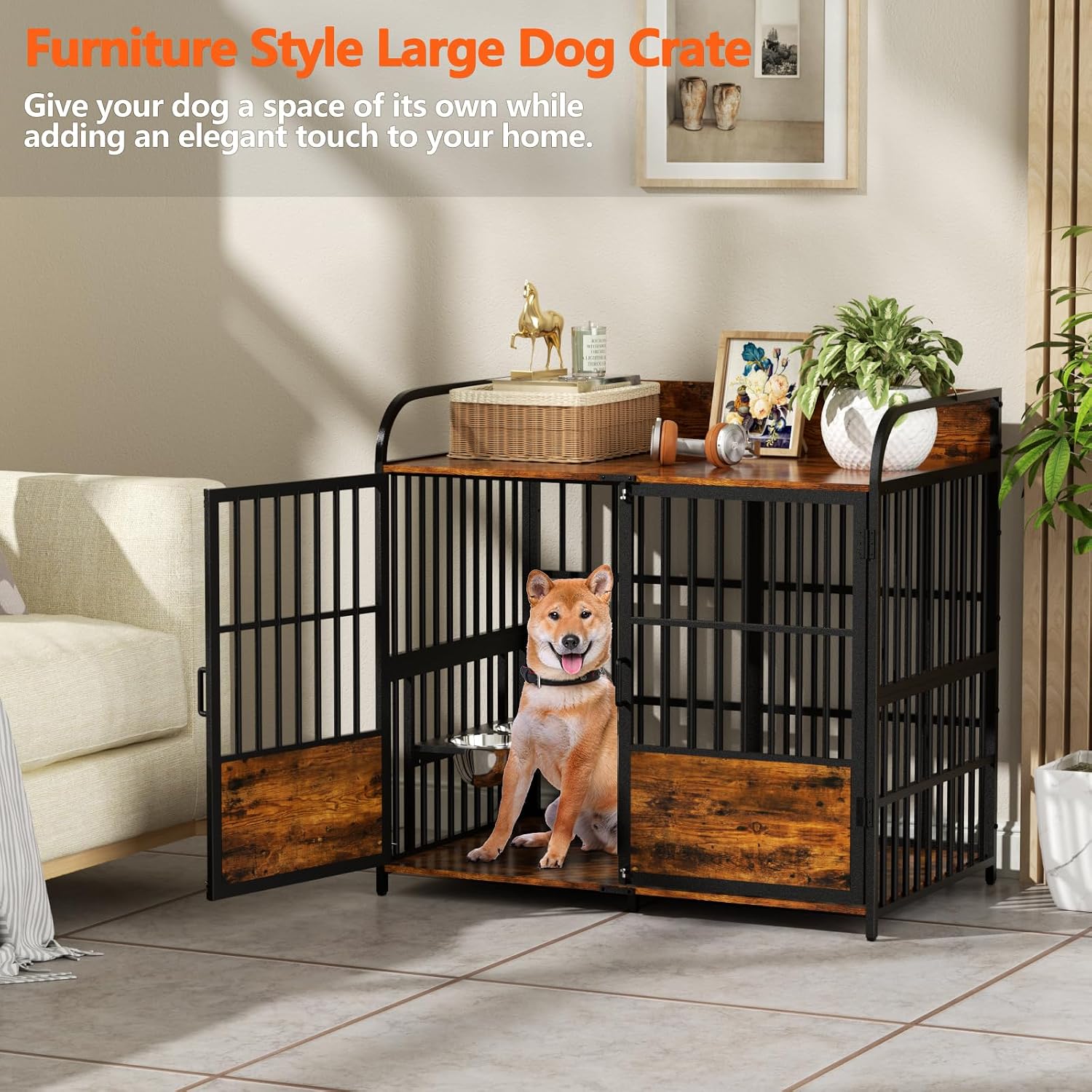 BEURUKU XL Dog Crate Furniture, Large Dog Kennel Indoor with 2 Adjustable Bowls, Heavy Duty Dog Crate for Large Dogs 48 Inch, Wooden Dog Cage Brown, 48' L X 30' W X 45' H