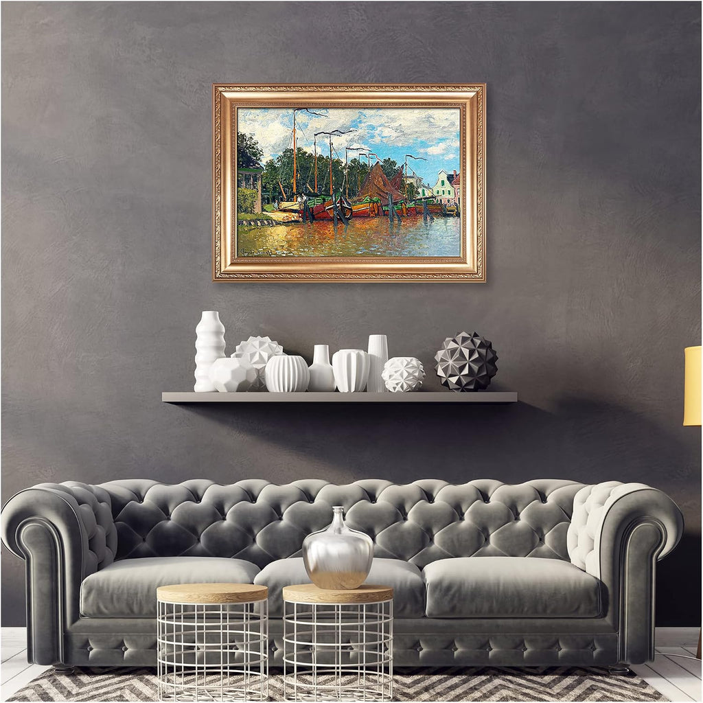 Boats at Zaandam by Claude Monet Painting Reproductions Framed Size:36x26 inches,Image Size:30x20 inches World Classic Reproductions For HomeDecor,Gold Frame