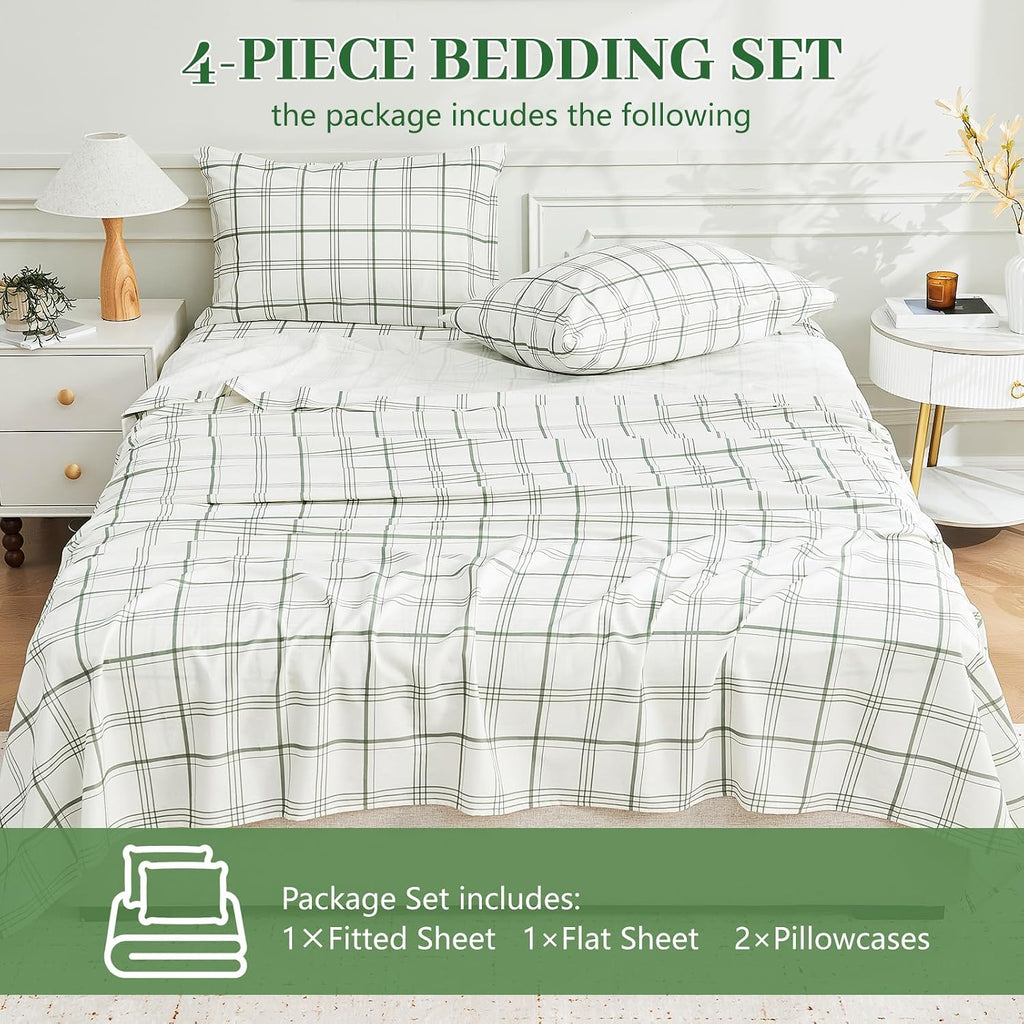 MEISHANG 100% French Pure Linen Sheets King Size - Bed Sheets 4 Piece Sets, Soft Durable Flax Linen, Anti-Tear Breathable Moisture Wicking with 16' Deep Pocket (Green Plaid)
