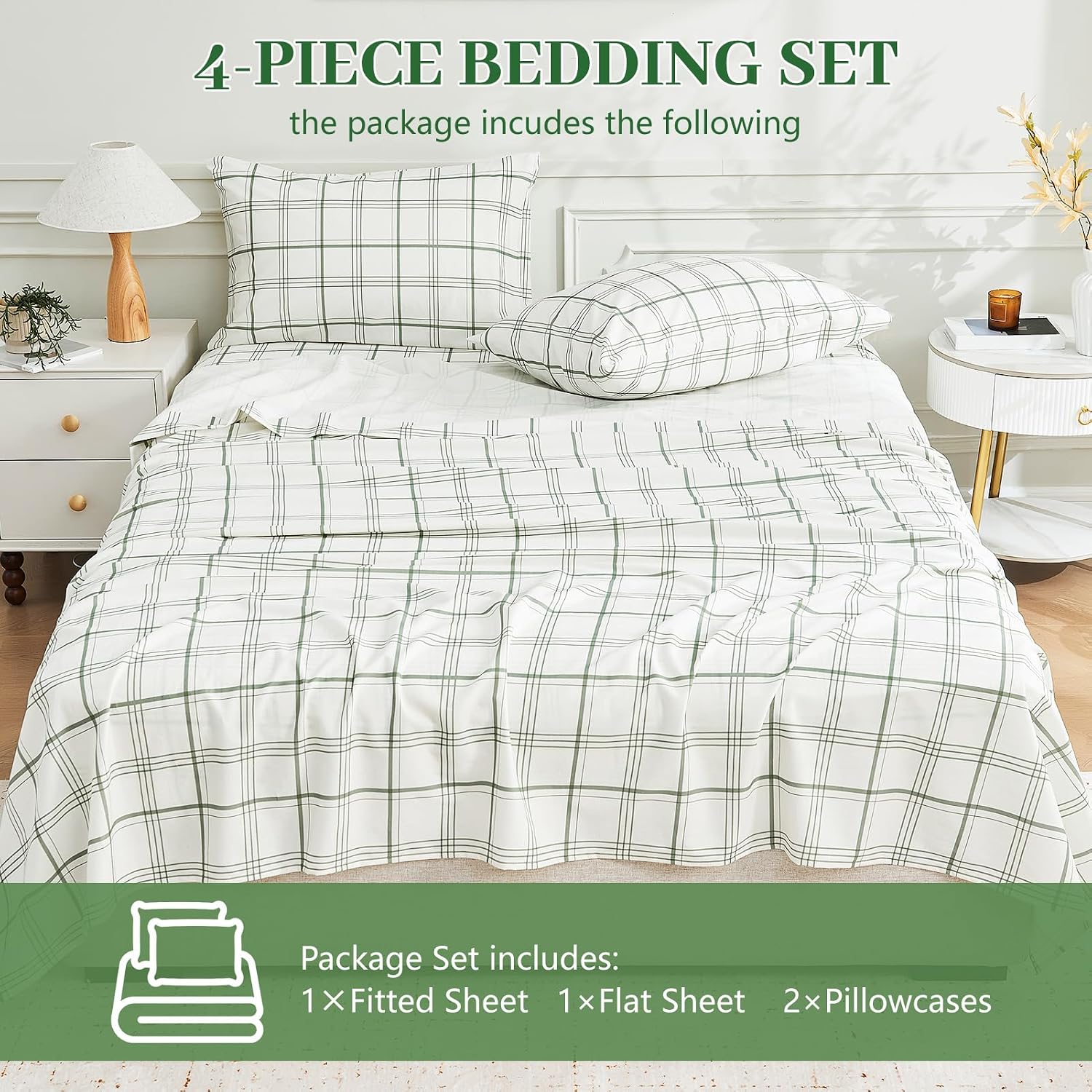 MEISHANG 100% French Pure Linen Sheets King Size - Bed Sheets 4 Piece Sets, Soft Durable Flax Linen, Anti-Tear Breathable Moisture Wicking with 16' Deep Pocket (Green Plaid)