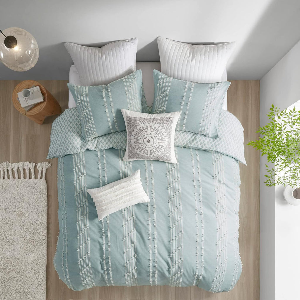 INK+IVY 100% Cotton Comforter Set Trendy Stripe Textured Design, Modern Down Alternative, All Season Cozy Bedding with Matching Shams, Full/Queen, Aqua Reversable Stripes