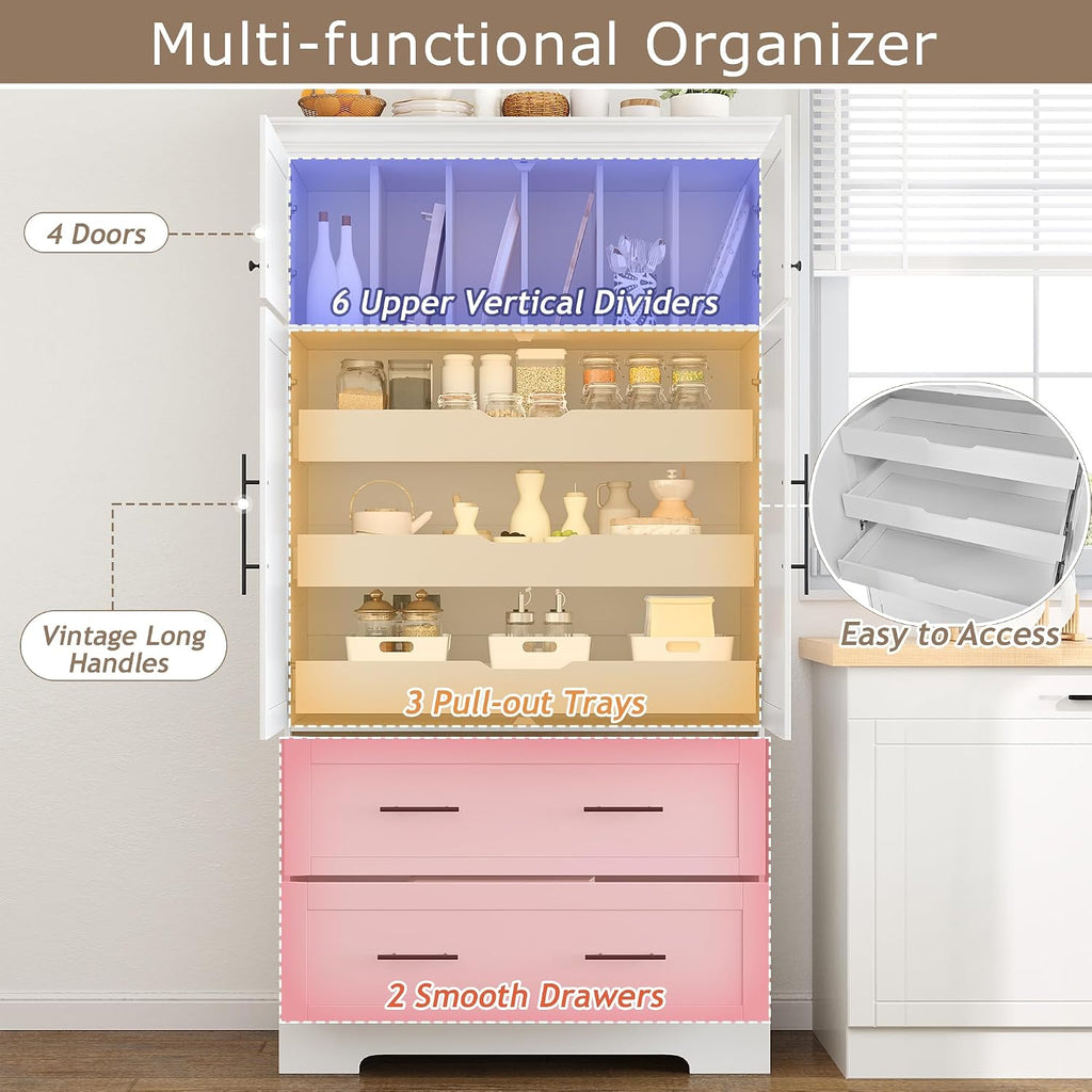 Freestanding Kitchen Pantry Storage Cabinet, 72.6''H Tall Wooden Kitchen Organizers with 2 Doors, Pull-Out Trays, 2 Drawers and Cake Pan Storage for Dining Room Living Room (White-1.12)