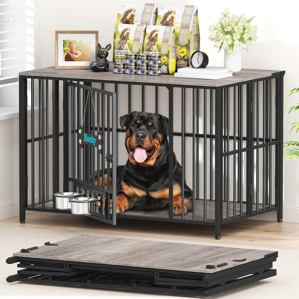 Easycom 43' Dog Crate Furniture Foldable, No Assembly Decorative Dog Kennel Indoor, XL Dog Crates for Large Dogs (60-80 lbs), Wooden Dog Cage with Adjustable Bowls and Name Tag, Oak Grey