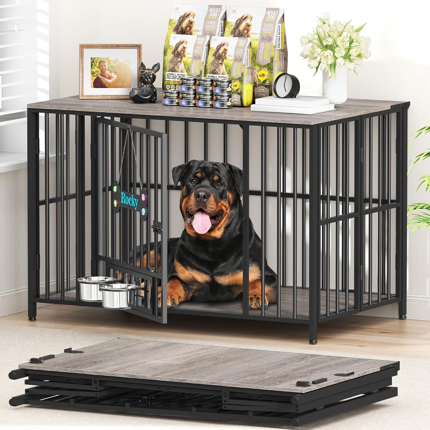 Easycom 43' Dog Crate Furniture Foldable, No Assembly Decorative Dog Kennel Indoor, XL Dog Crates for Large Dogs (60-80 lbs), Wooden Dog Cage with Adjustable Bowls and Name Tag, Oak Grey