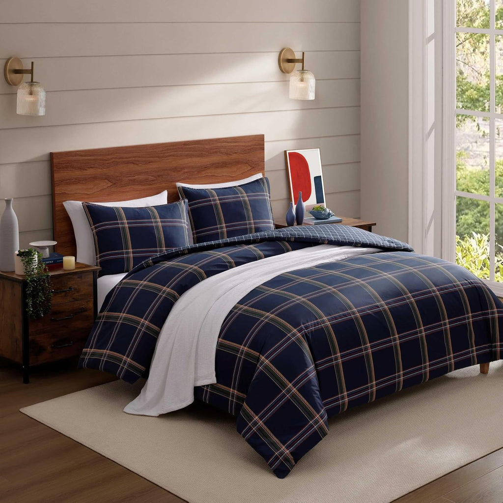 Tommy Hilfiger - Queen Duvet Covet Set, 100% Soft & Breathable Cotton Bedding, Lightweight for Year Round Comfort, 3 Piece Bed Set with Matching Button Closure Pillowcases (Beacon Plaid Blue)