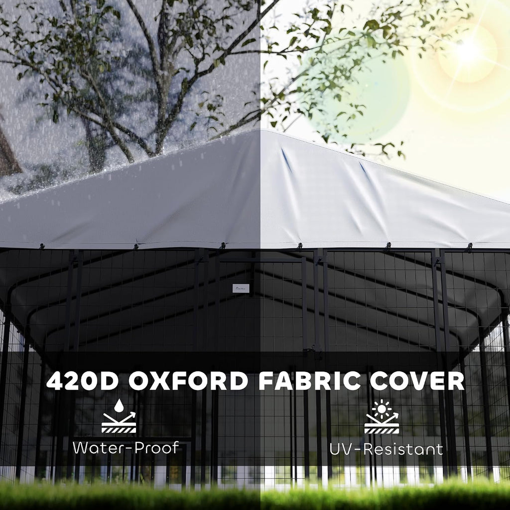 PawHut 10' x 10' x 6' Outdoor Dog Kennel, Welded Wire Dog Kennel Outside Run with 360° Rotating Bowls, Waterproof & UV Resistant Cover, for S&M&L Breeds, Chickens, Ducks, Sliver