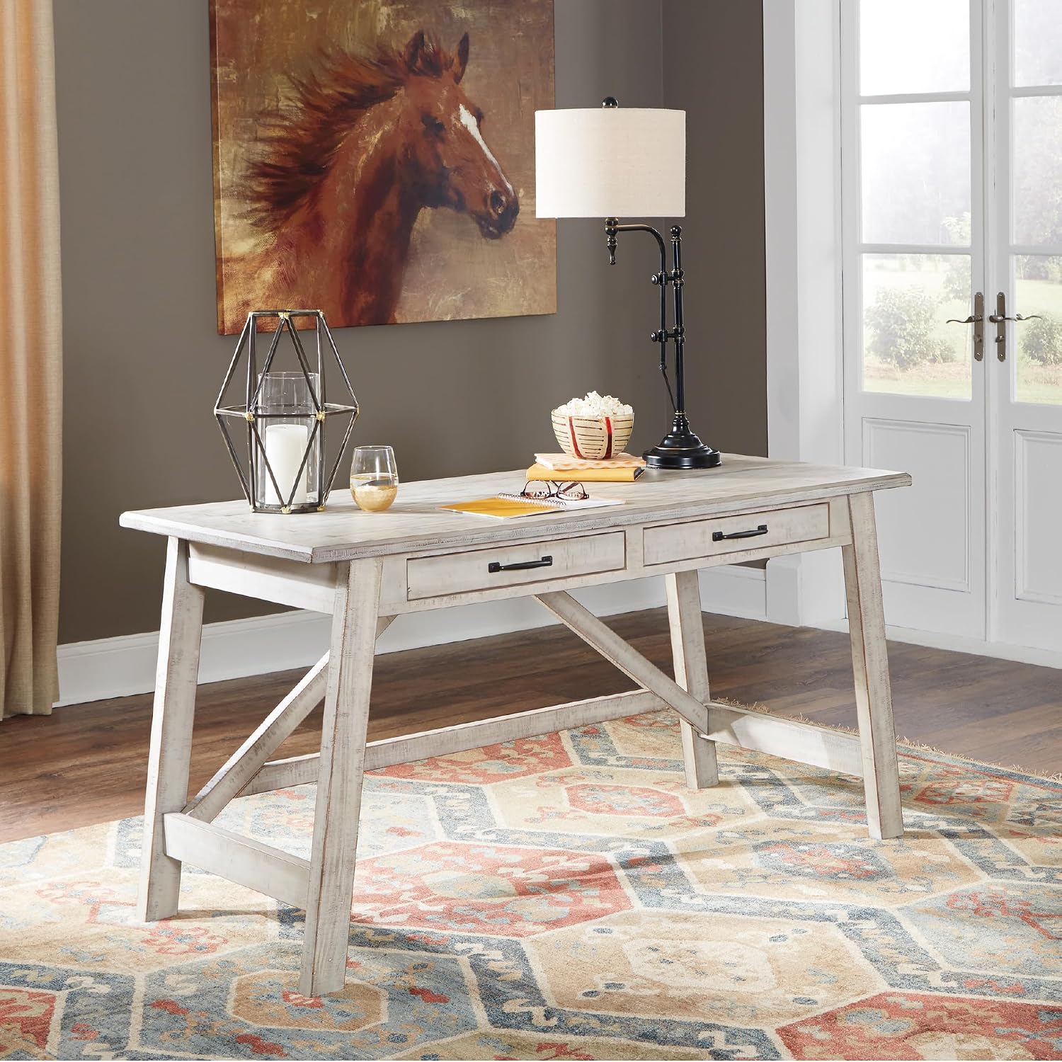 Signature Design by Ashley Carynhurst Farmhouse Large Leg Home Office Desk, 2 Storage Drawers, Vintage Bronze Hardware, Wood, 60.25' Wide, Antique White