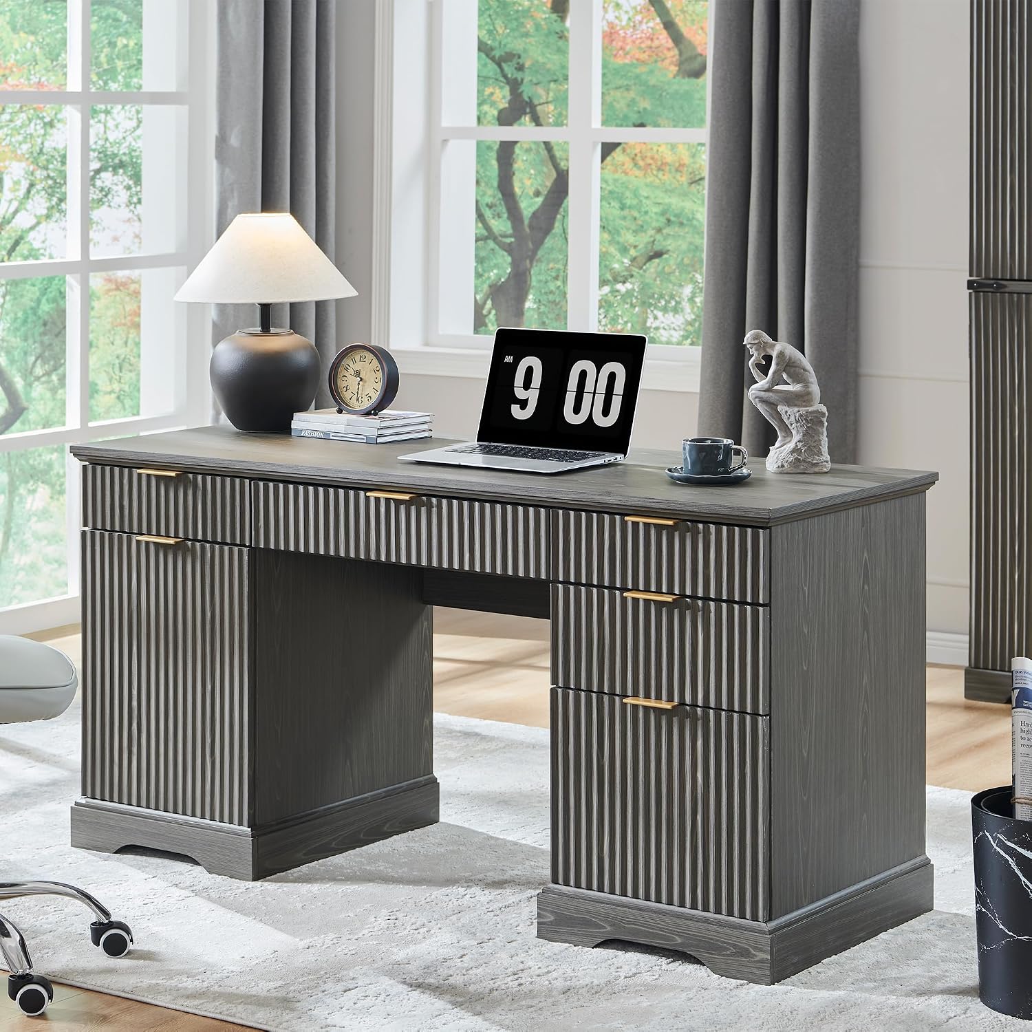 JXQTLINGMU Modern Executive Desk with Storage, Wood Home Office Desk with Drawer & Cabinet, Fluted Computer Writing Desk for Study, Living Room, Bedroom