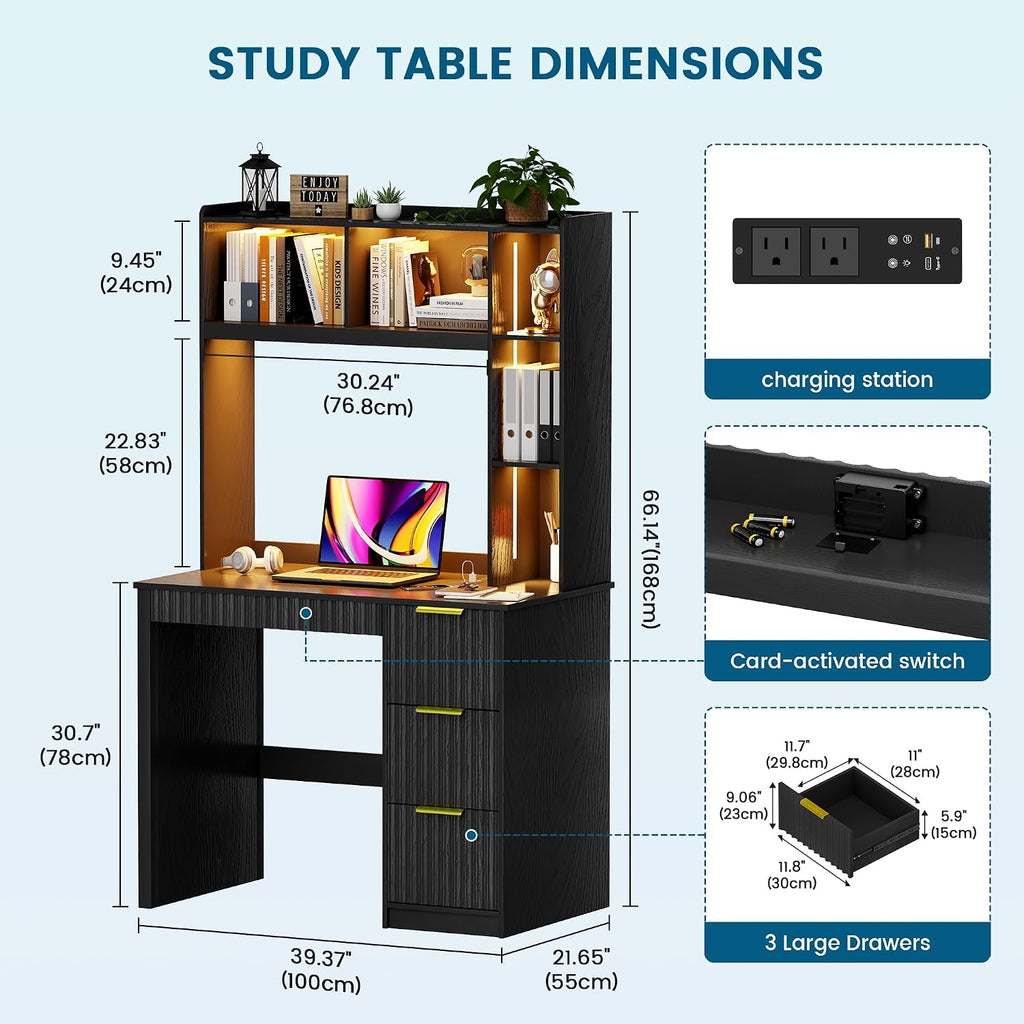 WOOVIVS Home Office Desk with Hutch & LED Lights - 39' Computer Desk with Charging Station, 3 Large Drawers, Hidden Compartment & Fluted Panel Design,Black Writing Desk for Bedroom, Study