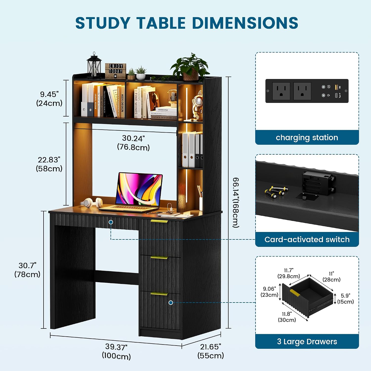 WOOVIVS Home Office Desk with Hutch & LED Lights - 39' Computer Desk with Charging Station, 3 Large Drawers, Hidden Compartment & Fluted Panel Design,Black Writing Desk for Bedroom, Study