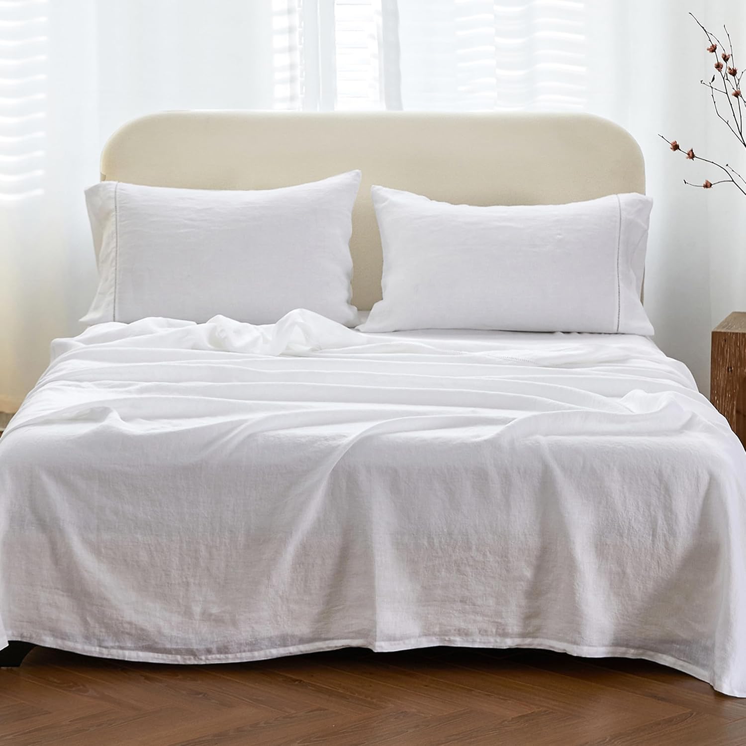 Simple&Opulence 100% Linen Hollow Hemstitch Sheet Set -4 Pieces European Flax Pure Washed Bed Sheets (1 Flat Sheet, 1 Fitted Sheet,2 Pillowcases) -Breathable and Soft (Hemstitch White,Queen)