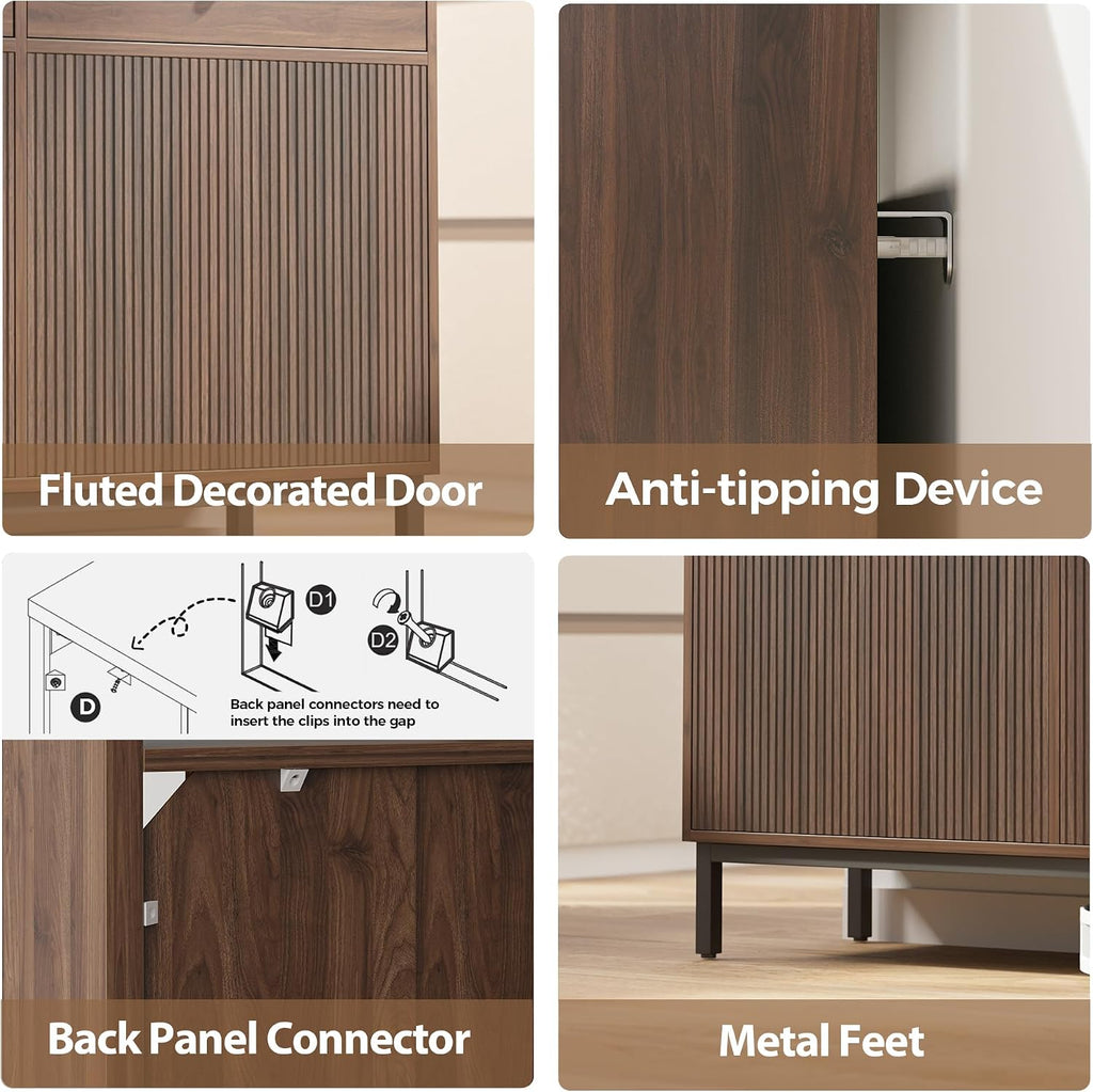 Mericonia Farmhouse Buffet Sideboard Cabinet with Storage, Fluted Coffee Bar with Doors and Adjustable Shelves, Modern Wood Console Cabinet with Drawers (4 Door, Walnut 2 Drawer)
