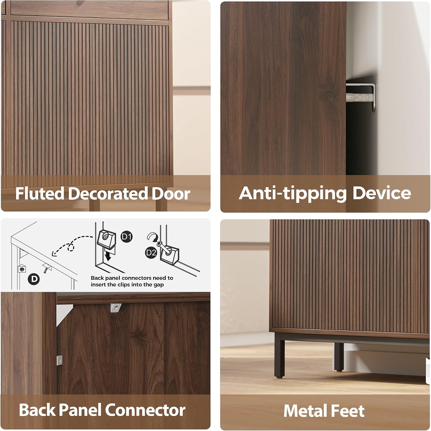 Mericonia Farmhouse Buffet Sideboard Cabinet with Storage, Fluted Coffee Bar with Doors and Adjustable Shelves, Modern Wood Console Cabinet with Drawers (4 Door, Walnut 2 Drawer)