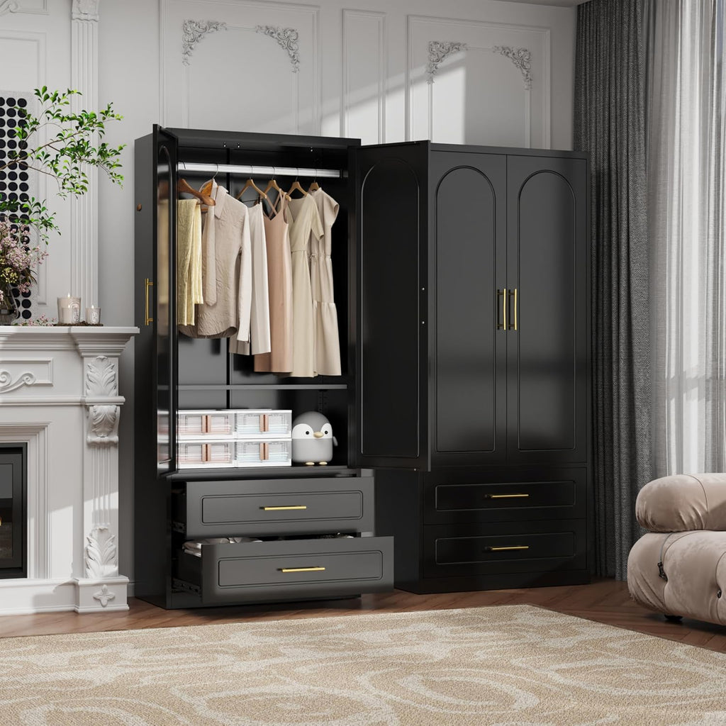 71' Metal Armoire Wardrobe Closet with Doors, Tall Wardrobe Cabinet with 2 Drawers, Hanging Rod and Adjustable Shelves, Black Clothing Storage Cabinets for Bedroom, Home Office