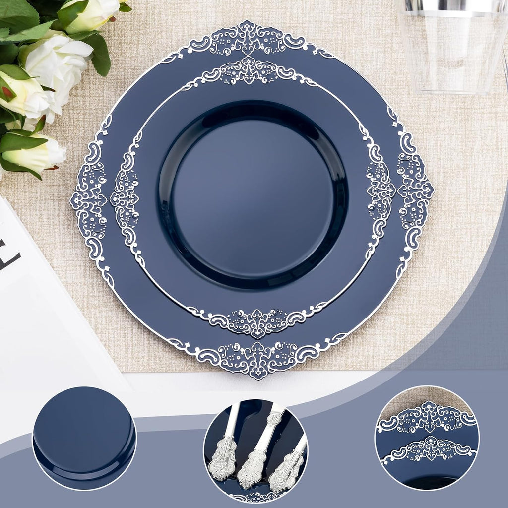 Bestluck 700PCS Navy Blue Plastic Plates for 100 Guests, Disposable Plates with Silver Trim include 100 Dinner plates, 100 Dessert Plates, 100 Gold Silverware, Cups and Napkins for Party, Graduation