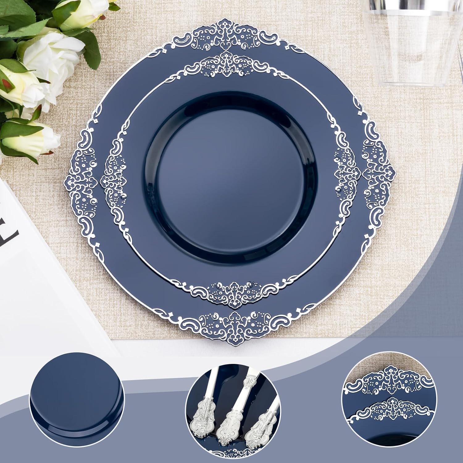 Bestluck 700PCS Navy Blue Plastic Plates for 100 Guests, Disposable Plates with Silver Trim include 100 Dinner plates, 100 Dessert Plates, 100 Gold Silverware, Cups and Napkins for Party, Graduation