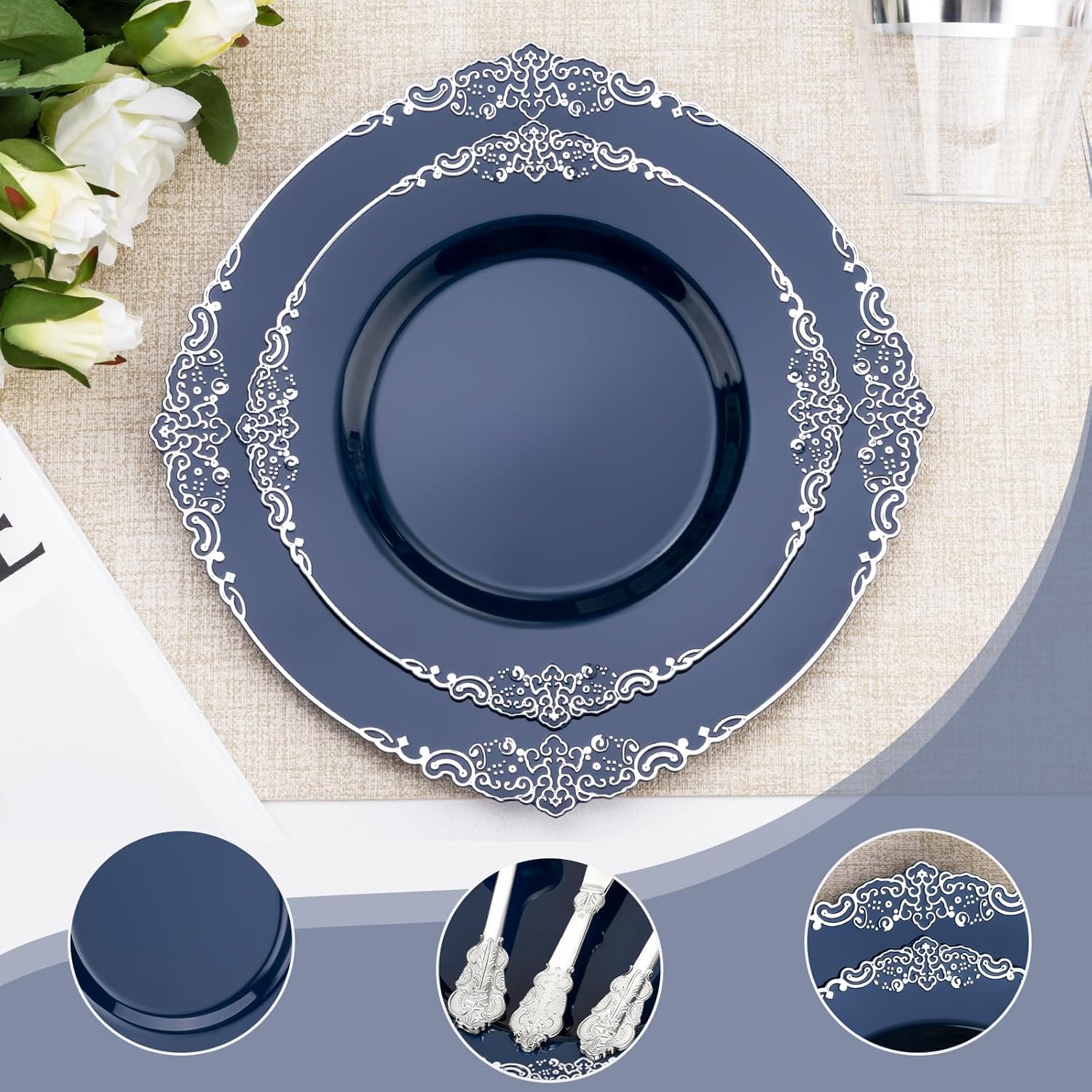 Bestluck 700PCS Navy Blue Plates for 100 Guests, Disposable Dinnerware Sets Include 100 Plastic Plates, 100 Silverwares, 100 Cups, and 100 Pre Rolled Napkins for Party, Wedding and Graduation