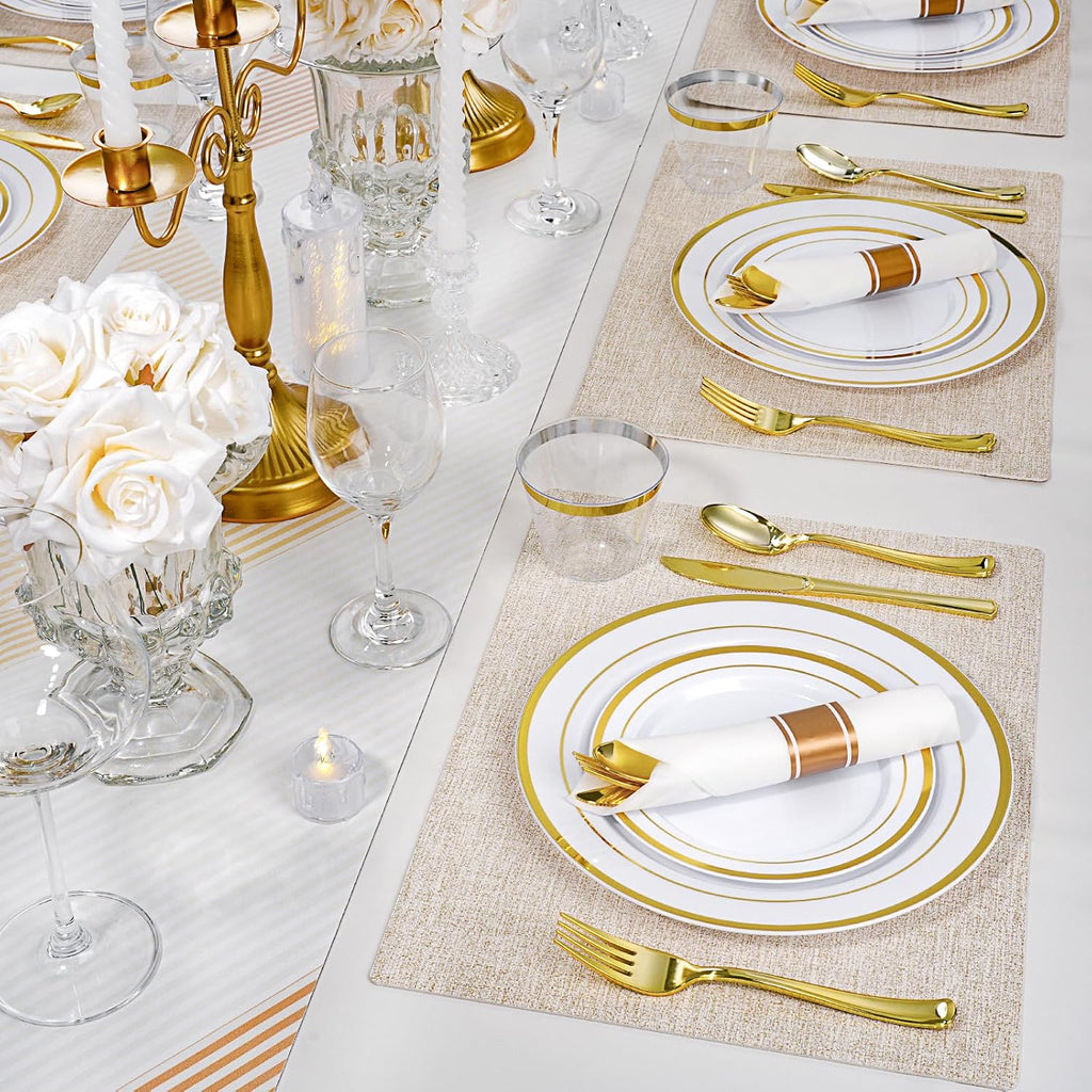 700 PCS Gold Plastic Dinnerware Set for 100 Guests, 200 DisposablePlates for Party, 100 Pre Rolled Napkins with Gold Silverware, 100 Cups