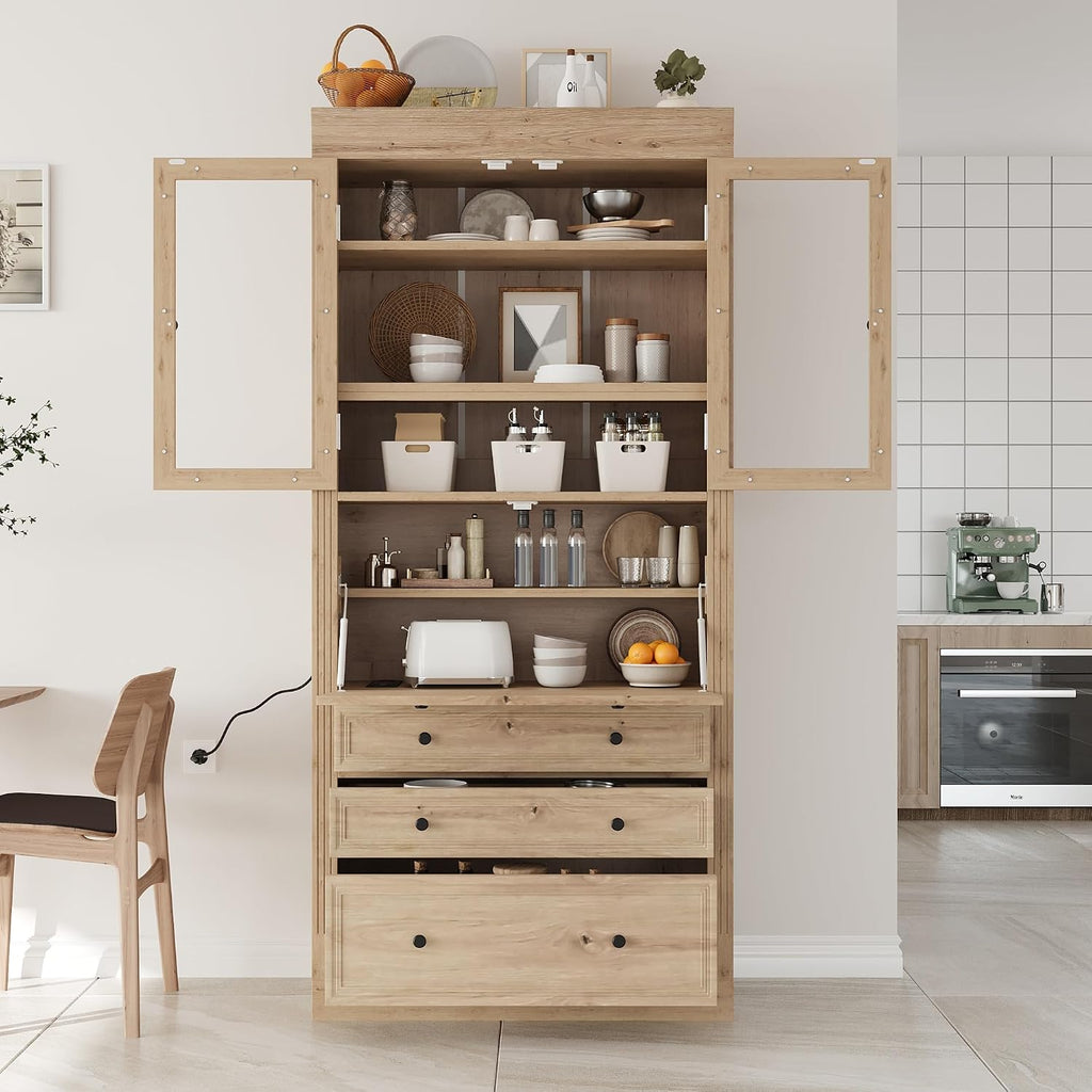 78 inch Tall Kitchen Pantry Cabinet with 3 Drawers and Adjustable Shelves, Wood Storage Cabinet with Drop-Down Surface and Glass Doors for Dining Room and Living Room (Natural//3)