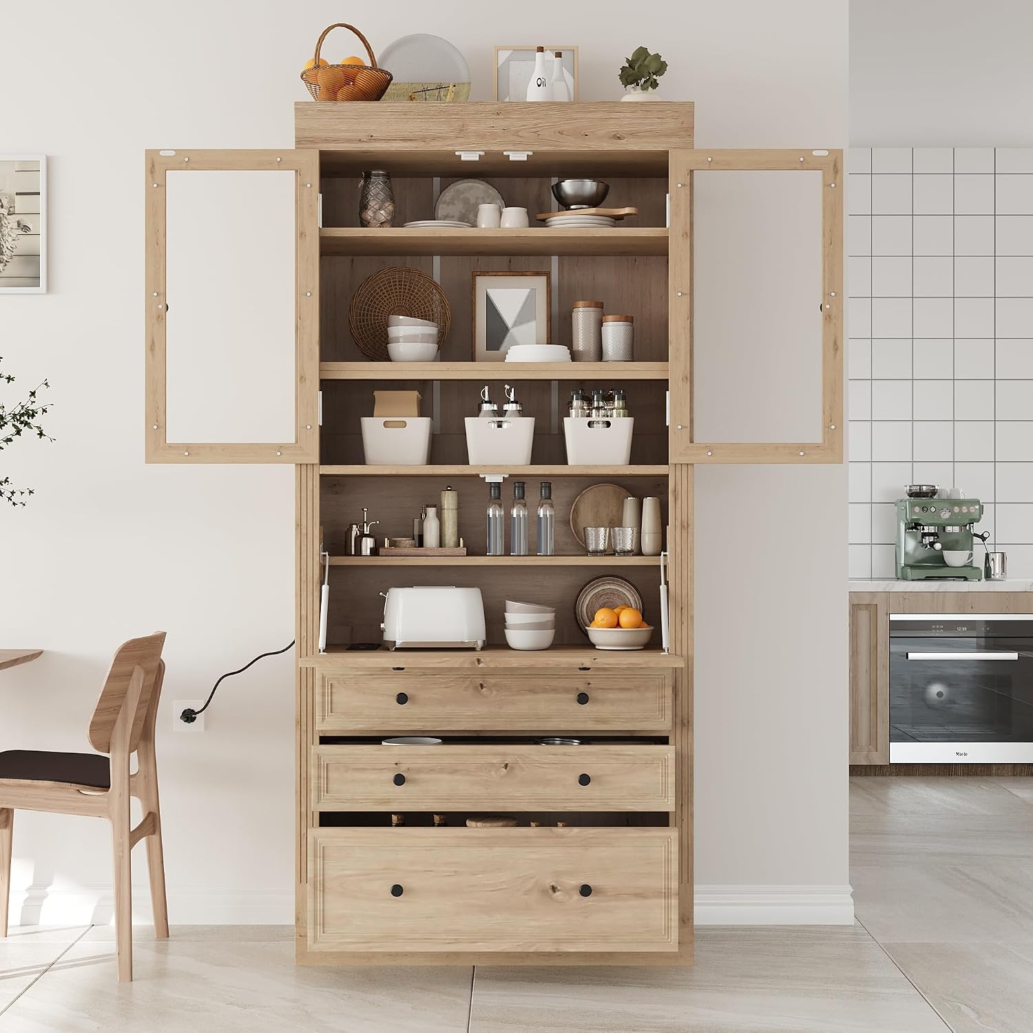 78 inch Tall Kitchen Pantry Cabinet with 3 Drawers and Adjustable Shelves, Wood Storage Cabinet with Drop-Down Surface and Glass Doors for Dining Room and Living Room (Natural//3)