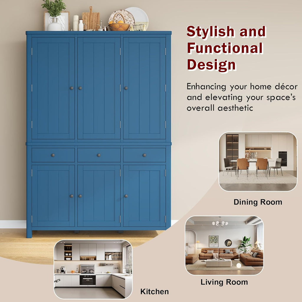 Farmhouse 74.8''H High Freestanding Kitchen Pantry, 53''Lx20''W Wooden Large Cupboard Storage Cabinet with Door Shelves, Adjustable Shelves, Pull-Out Trays and Drawers (Blue-6ds)
