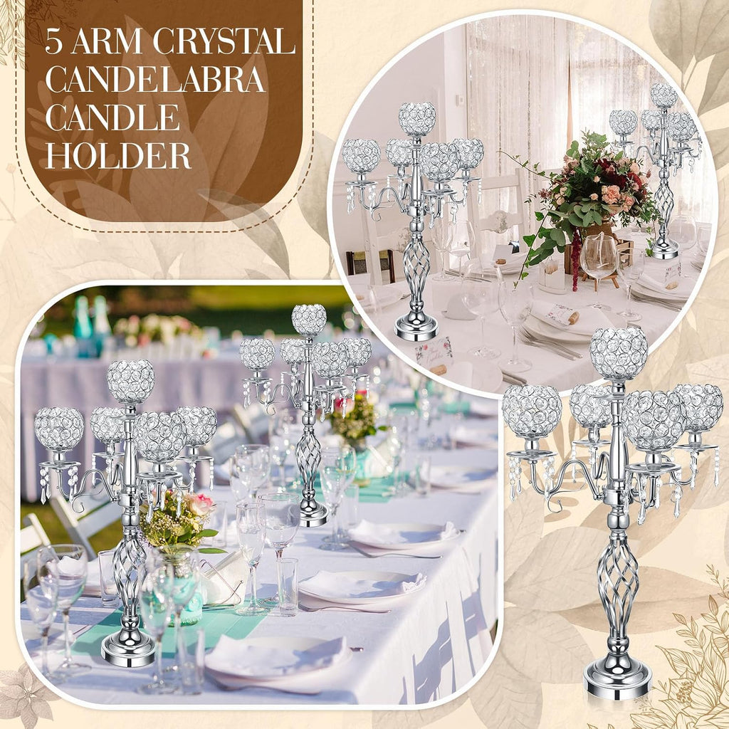 Nitial 8 Pcs 5 Arm Crystal Candelabra Centerpieces for Table 27 Inch Retro Victorian Crystal Candle Holders Bowl Table Centerpieces Decor for Wedding Banquet Valentine Dinner Party Event (Silver)