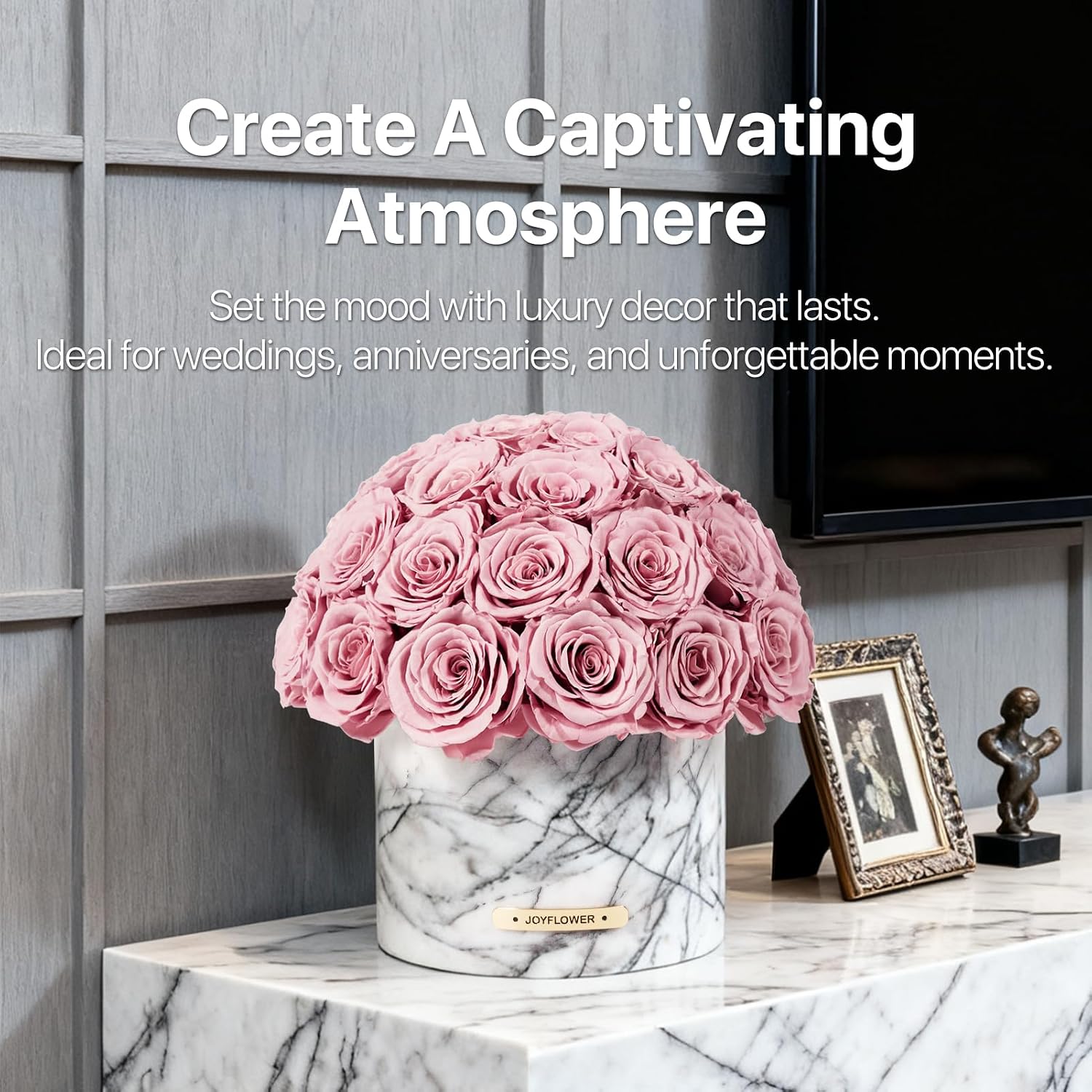 JoyFlower Preserved Flowers in Marble Vase, Snow Plum Marble Vase for Table Centerpiece, Pink Eternal Flower Decorations for Party Home Living Room Bedroom Shop House Hotel, Decorative Flower Decor
