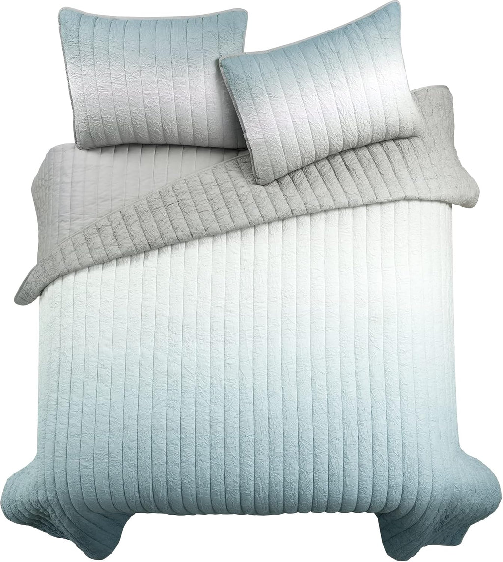 Lush Decor Crinkle Ombre Quilt King Size 3 Piece Set Blue & Gray - Ombre Bedding Set King Quilt - Blue Quilts - Modern Bedroom Decor