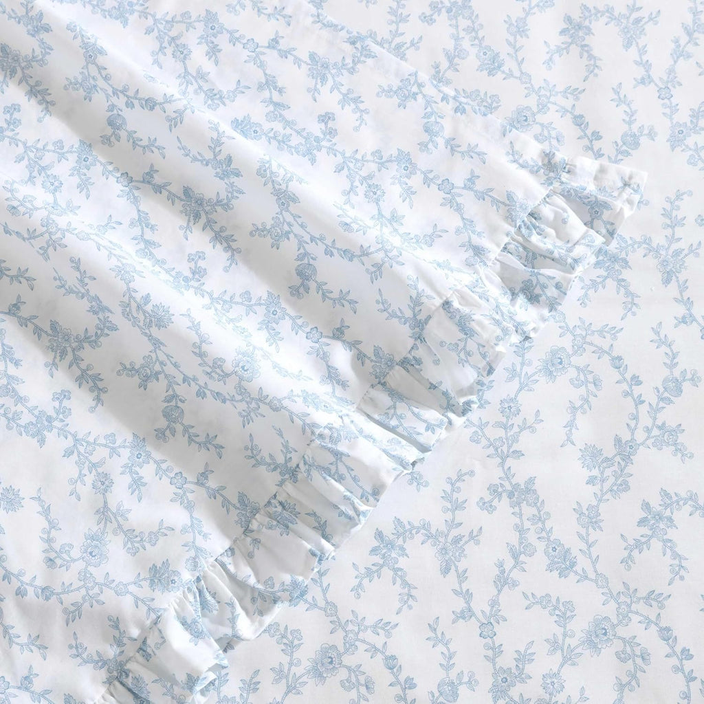Laura Ashley - Twin XL Size Sheet Set, Crisp Cotton Percale Bedding with Ruffle Pillowcase, Fully Elastic Deep Pocket Fitted Sheet, Floral Room Decor, Breathable All-Season Comfort (Victoria Blue)