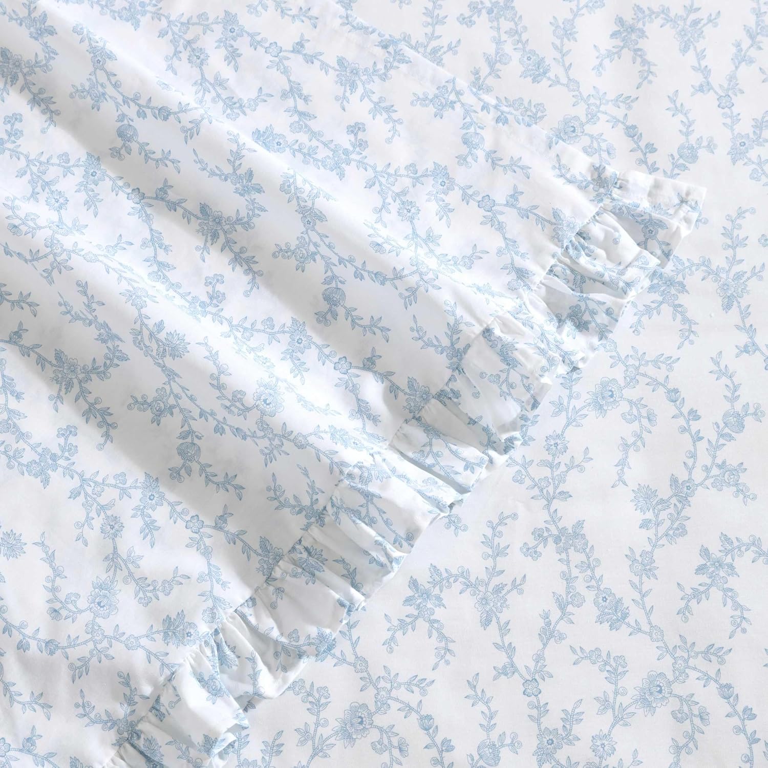 Laura Ashley - Twin XL Size Sheet Set, Crisp Cotton Percale Bedding with Ruffle Pillowcase, Fully Elastic Deep Pocket Fitted Sheet, Floral Room Decor, Breathable All-Season Comfort (Victoria Blue)