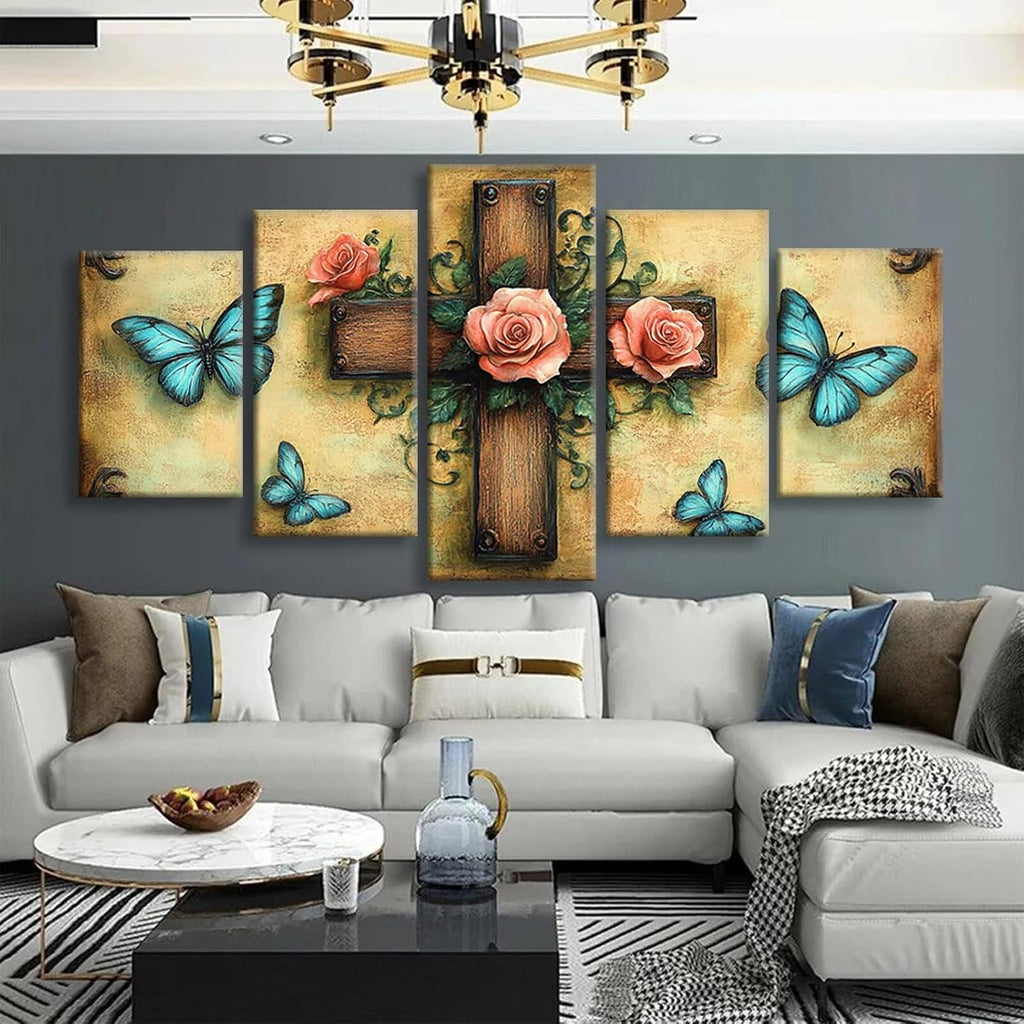Retro Diamond Art 5 Piece Diamond Painting Cross 5D Full Round Drill Dimond Art Paintings Crystal Rhinestones Crafts for Adults Gem Painting for Home Decor, Large Artwork for Wall 40 x 80 Inch,Model81